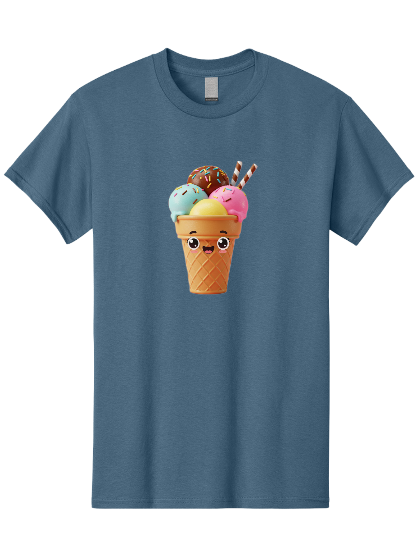 Ice-Cream-Cone Men'S Graphic Tee, 100% Cotton, Comfortable Casual Summer Wear, Machine Washable, Colorful Ice Cream, Four Scoops, Sprinkles, Cartoon Character, Happy Face, Ice Cream Cone, Sweet Treats, Dessert, Fun Food, Playful Dessert, Bac075