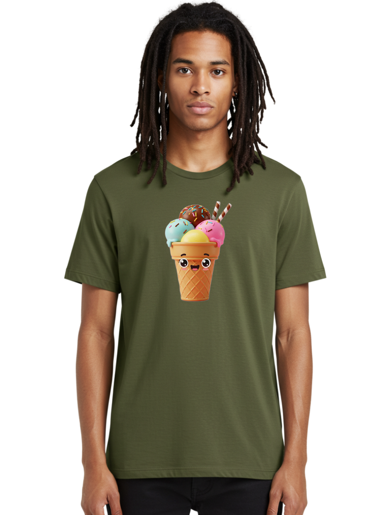 Ice-Cream-Cone Men'S Graphic Tee, 100% Cotton, Comfortable Casual Summer Wear, Machine Washable, Colorful Ice Cream, Four Scoops, Sprinkles, Cartoon Character, Happy Face, Ice Cream Cone, Sweet Treats, Dessert, Fun Food, Playful Dessert, Bac075