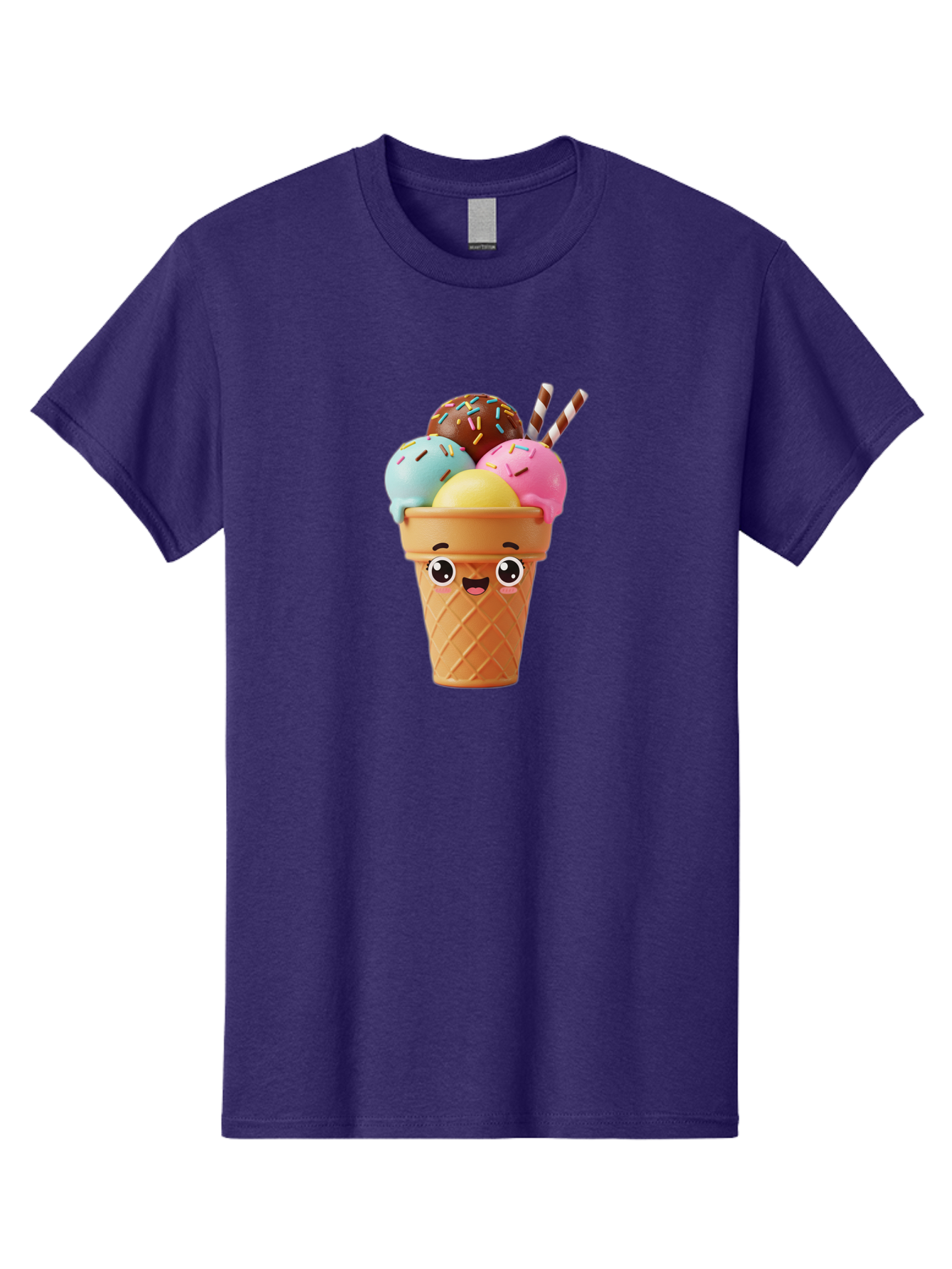 Ice-Cream-Cone Men'S Graphic Tee, 100% Cotton, Comfortable Casual Summer Wear, Machine Washable, Colorful Ice Cream, Four Scoops, Sprinkles, Cartoon Character, Happy Face, Ice Cream Cone, Sweet Treats, Dessert, Fun Food, Playful Dessert, Bac075