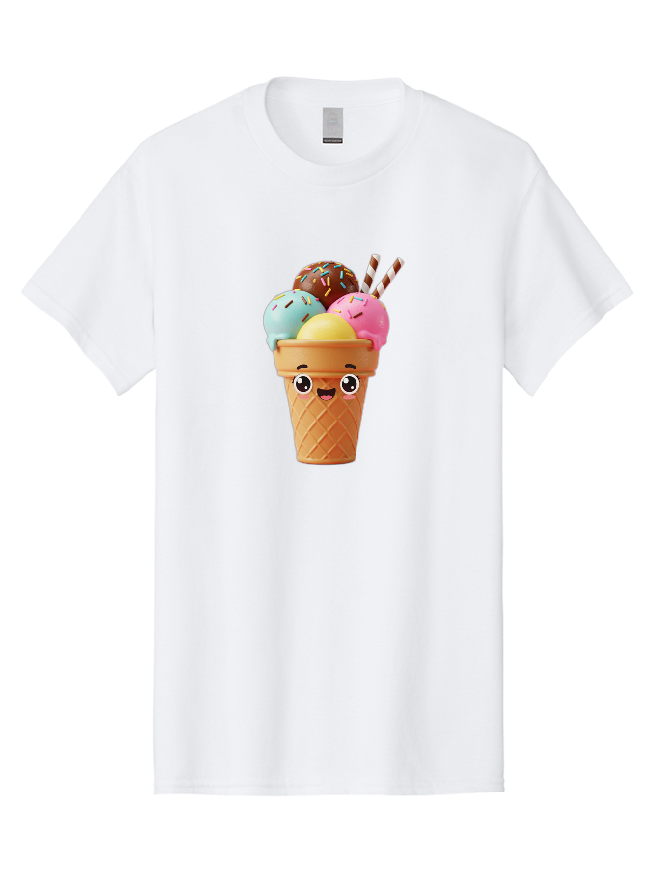 Ice-Cream-Cone Men'S Graphic Tee, 100% Cotton, Comfortable Casual Summer Wear, Machine Washable, Colorful Ice Cream, Four Scoops, Sprinkles, Cartoon Character, Happy Face, Ice Cream Cone, Sweet Treats, Dessert, Fun Food, Playful Dessert, Bac075
