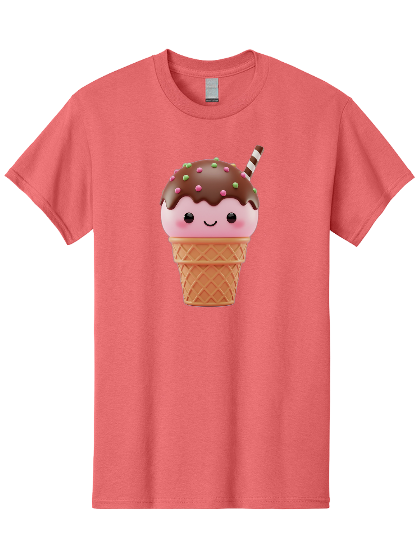 Ice-Cream Men'S Graphic Tee, 100% Cotton, Comfortable Casual Summer Wear, Machine Washable, Pink Ice Cream, Chocolate Sauce, Sprinkles, Ice Cream Cone, Waffle Cone, Dessert, Sweet Treat, Cartoon Character, Kawaii, Cute Illustration, Bac076