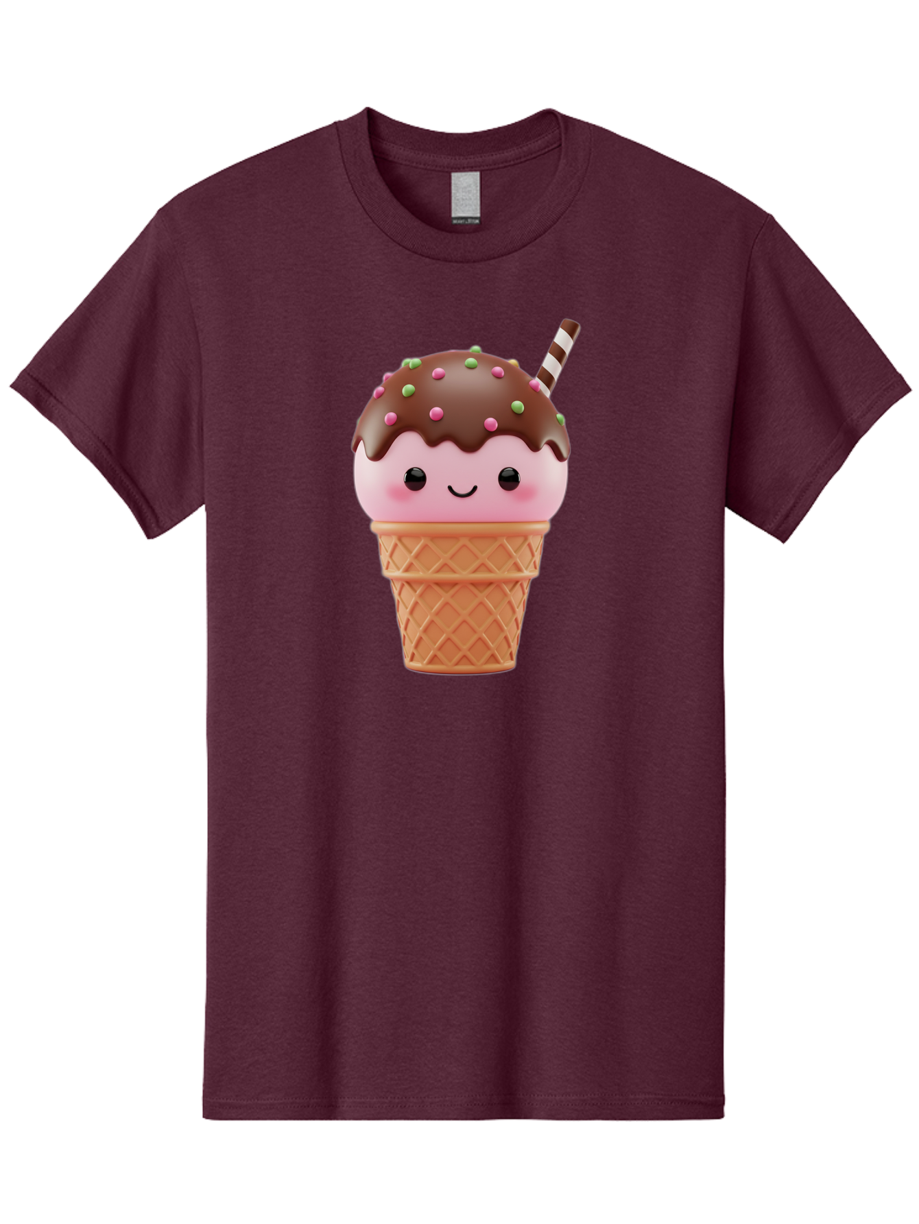 Ice-Cream Men'S Graphic Tee, 100% Cotton, Comfortable Casual Summer Wear, Machine Washable, Pink Ice Cream, Chocolate Sauce, Sprinkles, Ice Cream Cone, Waffle Cone, Dessert, Sweet Treat, Cartoon Character, Kawaii, Cute Illustration, Bac076