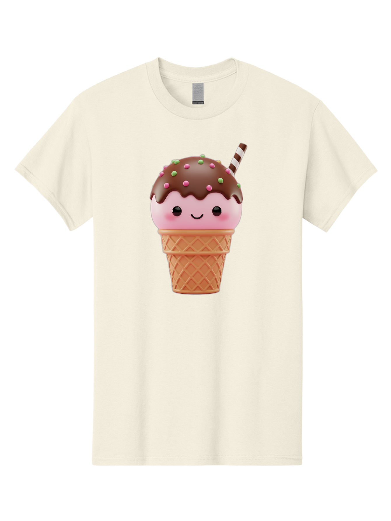 Ice-Cream Men'S Graphic Tee, 100% Cotton, Comfortable Casual Summer Wear, Machine Washable, Pink Ice Cream, Chocolate Sauce, Sprinkles, Ice Cream Cone, Waffle Cone, Dessert, Sweet Treat, Cartoon Character, Kawaii, Cute Illustration, Bac076
