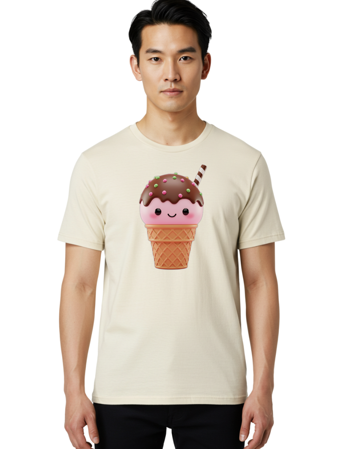 Ice-Cream Men'S Graphic Tee, 100% Cotton, Comfortable Casual Summer Wear, Machine Washable, Pink Ice Cream, Chocolate Sauce, Sprinkles, Ice Cream Cone, Waffle Cone, Dessert, Sweet Treat, Cartoon Character, Kawaii, Cute Illustration, Bac076