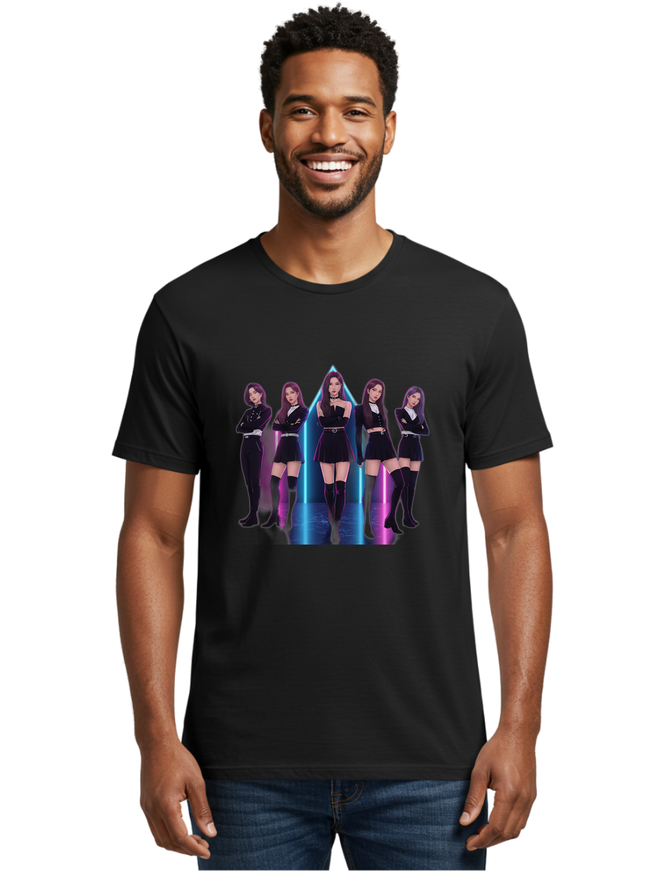 Itzy-Group-Shot Men'S Graphic Tee, 100% Cotton, Comfortable Casual Summer Wear, Machine Washable, K-Pop Group Itzy, Five Members Standing Together, Black Outfits, Futuristic Style, Neon Lights, Edgy Fashion, Modern Music, Group Pose, Bac077