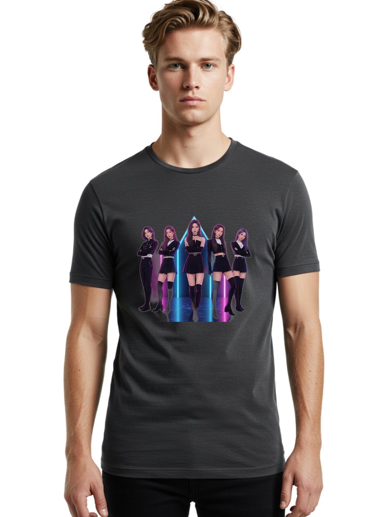 Itzy-Group-Shot Men'S Graphic Tee, 100% Cotton, Comfortable Casual Summer Wear, Machine Washable, K-Pop Group Itzy, Five Members Standing Together, Black Outfits, Futuristic Style, Neon Lights, Edgy Fashion, Modern Music, Group Pose, Bac077