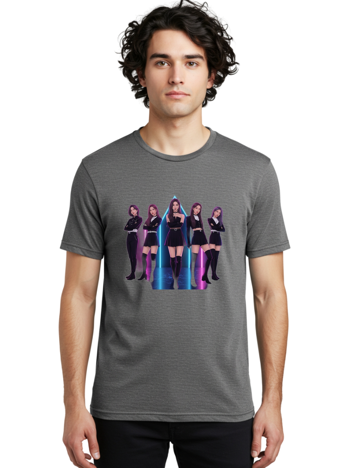 Itzy-Group-Shot Men'S Graphic Tee, 100% Cotton, Comfortable Casual Summer Wear, Machine Washable, K-Pop Group Itzy, Five Members Standing Together, Black Outfits, Futuristic Style, Neon Lights, Edgy Fashion, Modern Music, Group Pose, Bac077