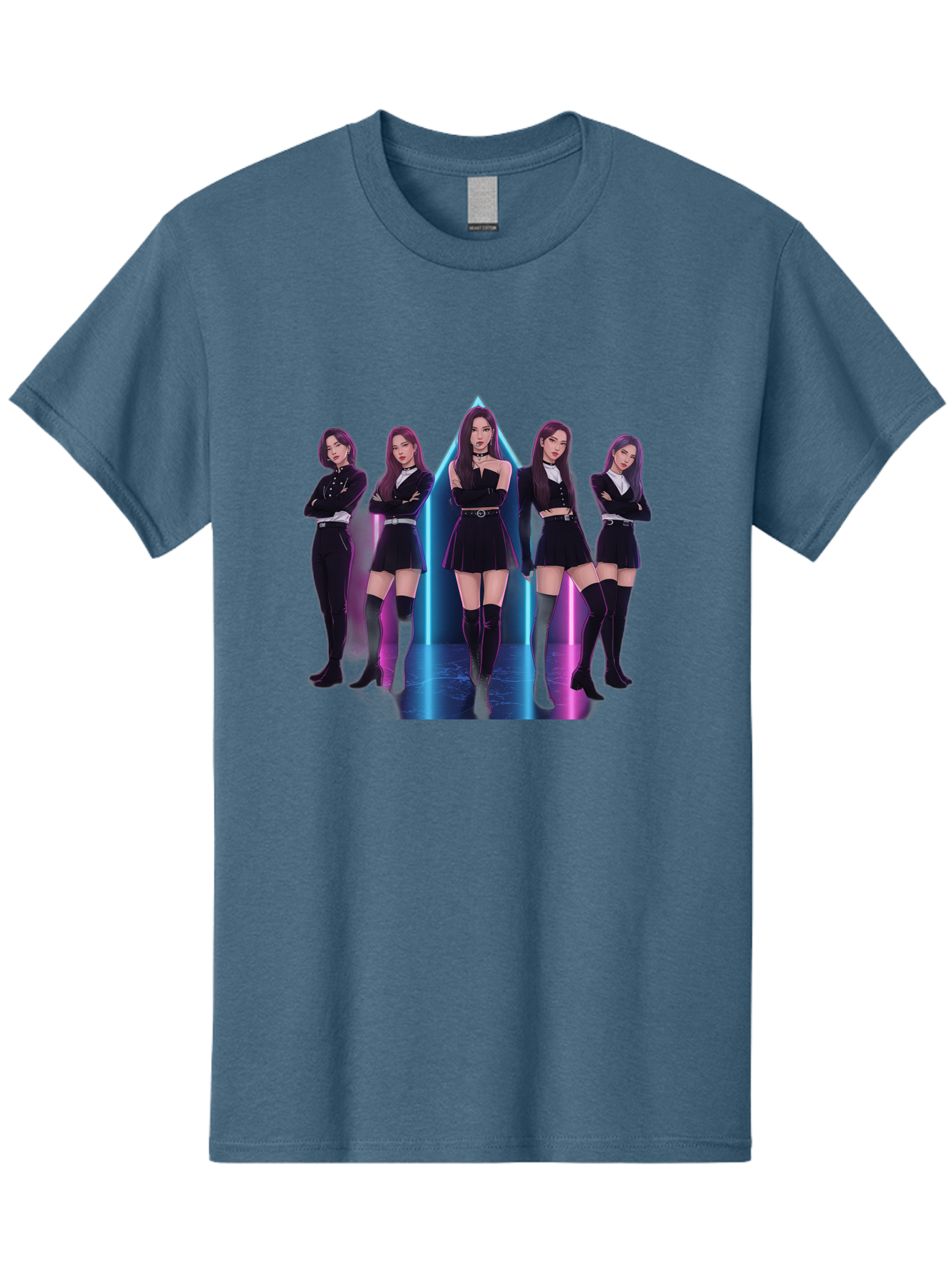 Itzy-Group-Shot Men'S Graphic Tee, 100% Cotton, Comfortable Casual Summer Wear, Machine Washable, K-Pop Group Itzy, Five Members Standing Together, Black Outfits, Futuristic Style, Neon Lights, Edgy Fashion, Modern Music, Group Pose, Bac077