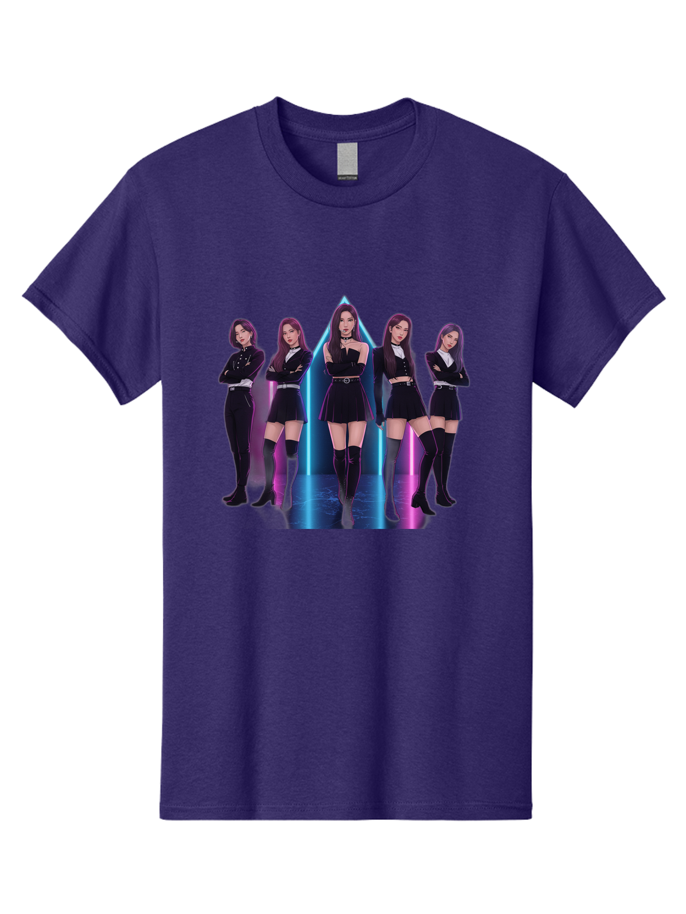 Itzy-Group-Shot Men'S Graphic Tee, 100% Cotton, Comfortable Casual Summer Wear, Machine Washable, K-Pop Group Itzy, Five Members Standing Together, Black Outfits, Futuristic Style, Neon Lights, Edgy Fashion, Modern Music, Group Pose, Bac077