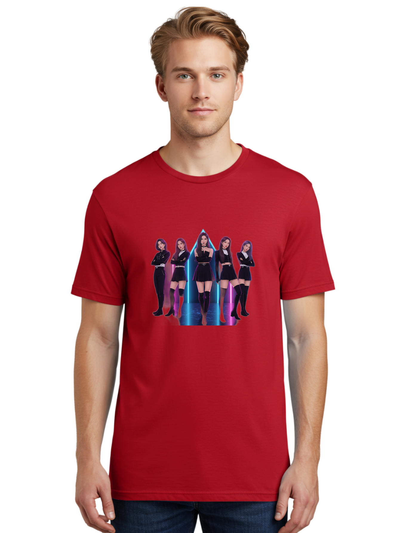 Itzy-Group-Shot Men'S Graphic Tee, 100% Cotton, Comfortable Casual Summer Wear, Machine Washable, K-Pop Group Itzy, Five Members Standing Together, Black Outfits, Futuristic Style, Neon Lights, Edgy Fashion, Modern Music, Group Pose, Bac077