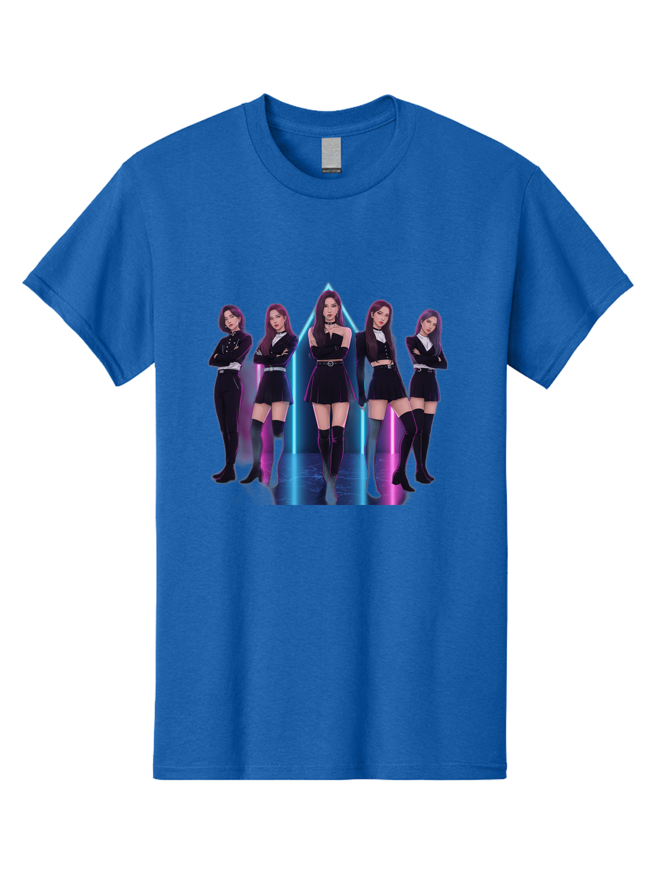 Itzy-Group-Shot Men'S Graphic Tee, 100% Cotton, Comfortable Casual Summer Wear, Machine Washable, K-Pop Group Itzy, Five Members Standing Together, Black Outfits, Futuristic Style, Neon Lights, Edgy Fashion, Modern Music, Group Pose, Bac077