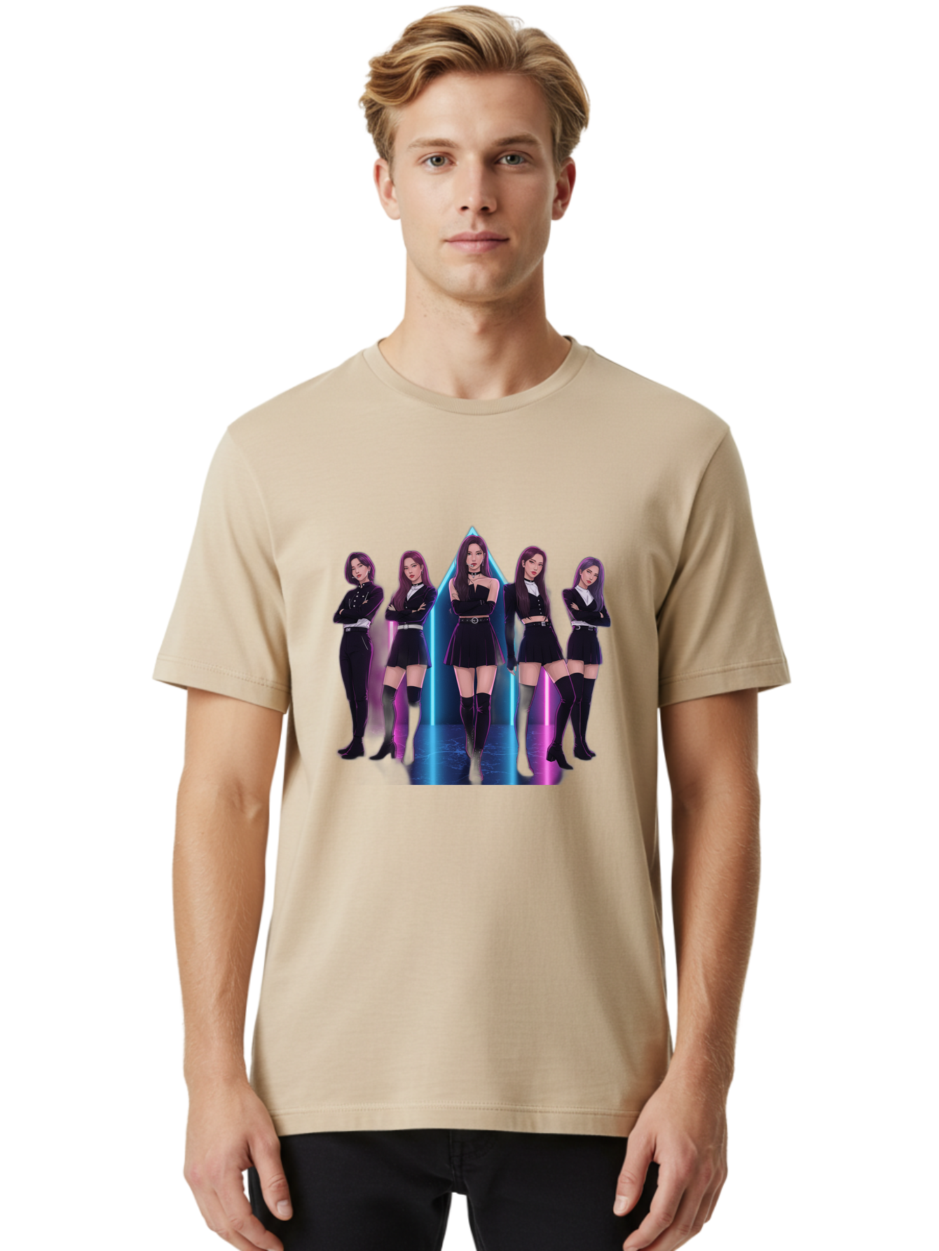Itzy-Group-Shot Men'S Graphic Tee, 100% Cotton, Comfortable Casual Summer Wear, Machine Washable, K-Pop Group Itzy, Five Members Standing Together, Black Outfits, Futuristic Style, Neon Lights, Edgy Fashion, Modern Music, Group Pose, Bac077