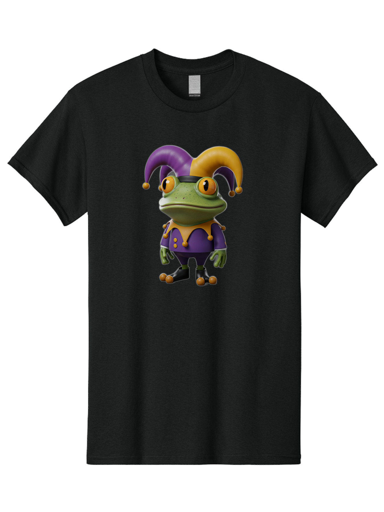 Jester-Frog Men'S Graphic Tee, 100% Cotton, Comfortable Casual Summer Wear, Machine Washable, Frog Character, Cartoon Style, Jester Costume, Purple And Yellow, 3D Rendering, Fantasy Creature, Comedic Design, Jester Hat, Froggy Illustration Bac078
