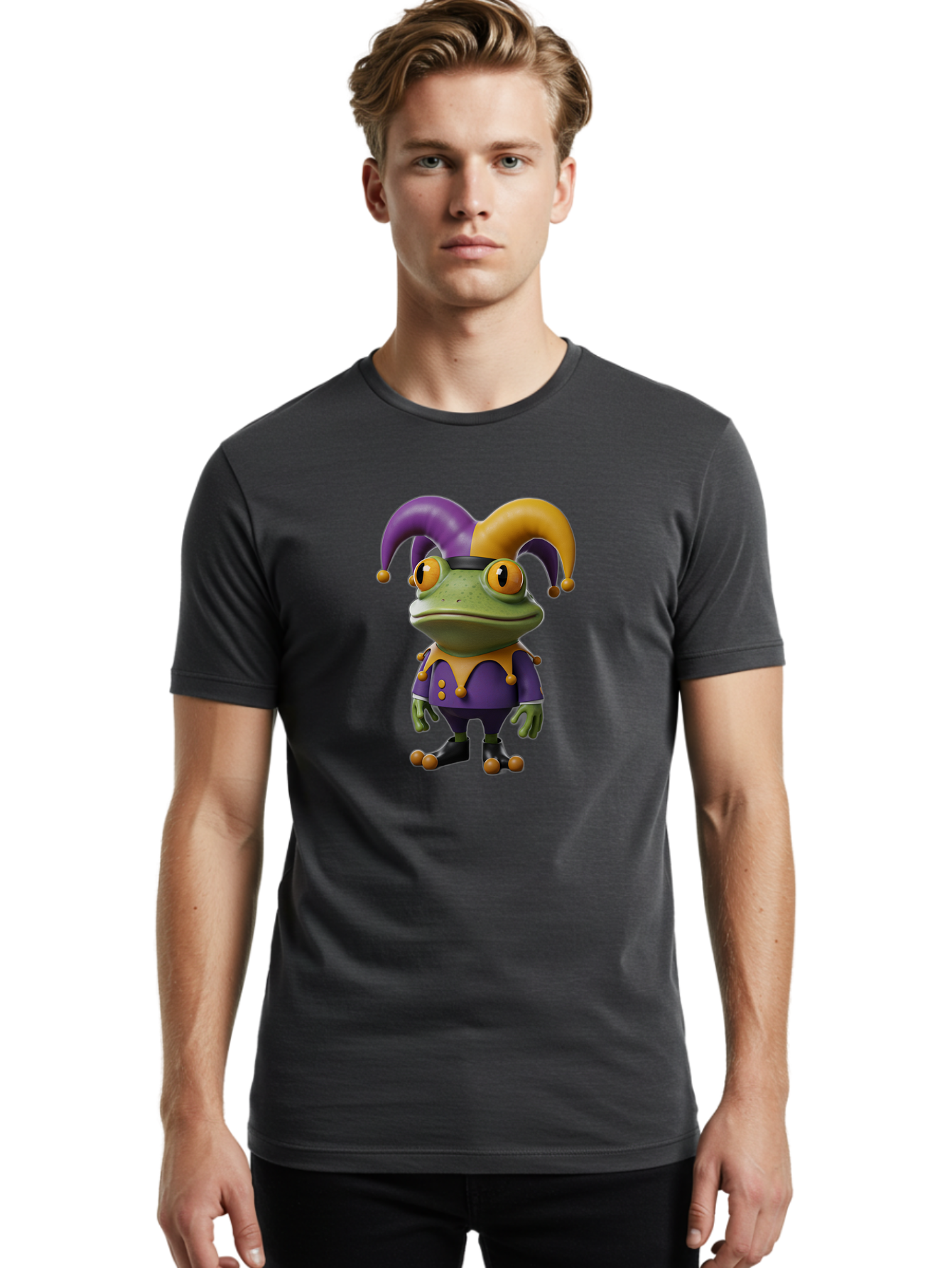 Jester-Frog Men'S Graphic Tee, 100% Cotton, Comfortable Casual Summer Wear, Machine Washable, Frog Character, Cartoon Style, Jester Costume, Purple And Yellow, 3D Rendering, Fantasy Creature, Comedic Design, Jester Hat, Froggy Illustration Bac078
