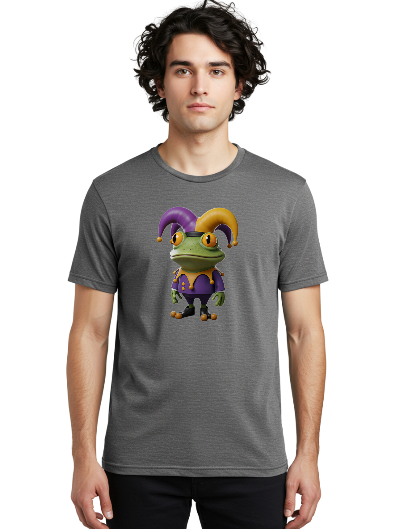 Jester-Frog Men'S Graphic Tee, 100% Cotton, Comfortable Casual Summer Wear, Machine Washable, Frog Character, Cartoon Style, Jester Costume, Purple And Yellow, 3D Rendering, Fantasy Creature, Comedic Design, Jester Hat, Froggy Illustration Bac078
