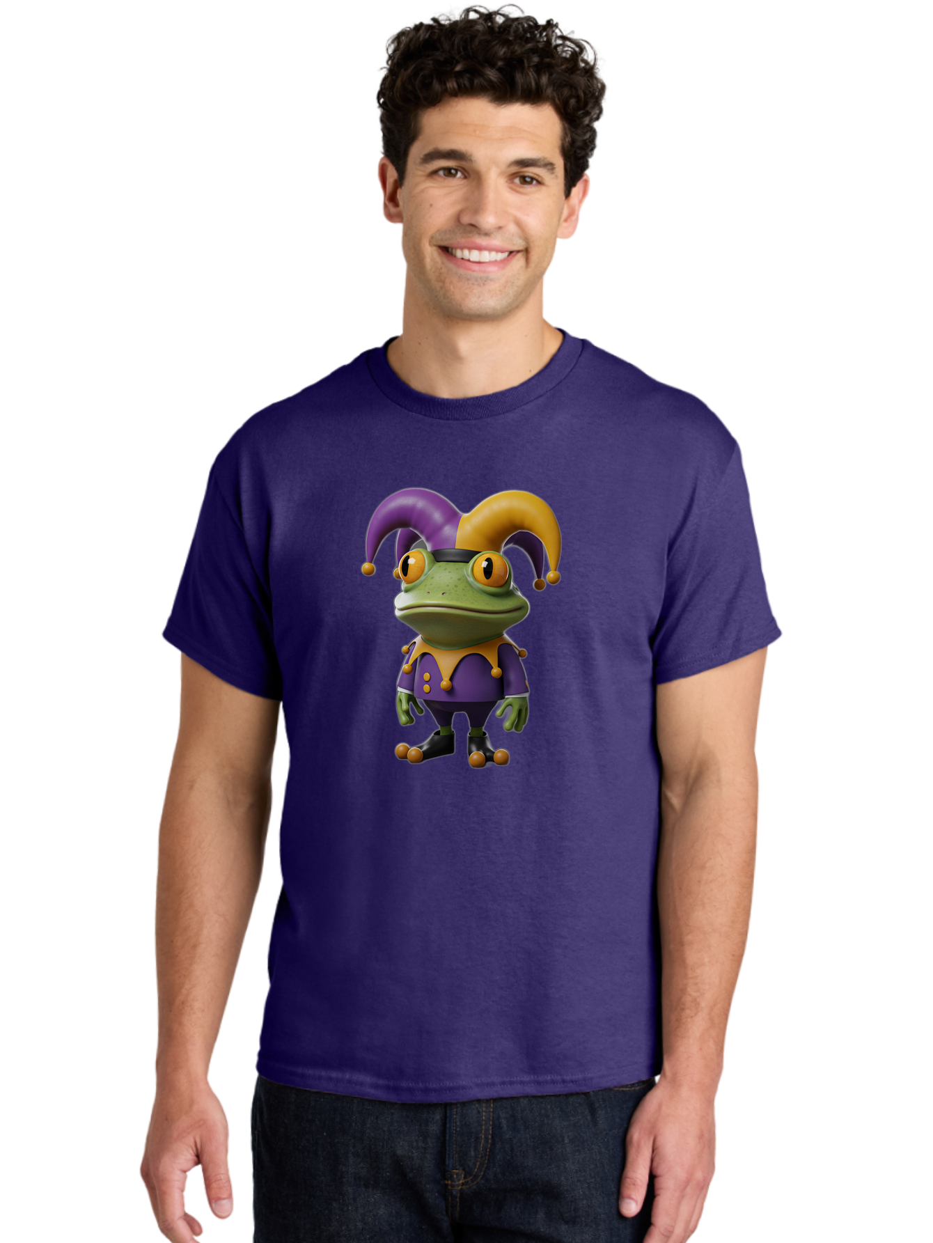 Jester-Frog Men'S Graphic Tee, 100% Cotton, Comfortable Casual Summer Wear, Machine Washable, Frog Character, Cartoon Style, Jester Costume, Purple And Yellow, 3D Rendering, Fantasy Creature, Comedic Design, Jester Hat, Froggy Illustration Bac078