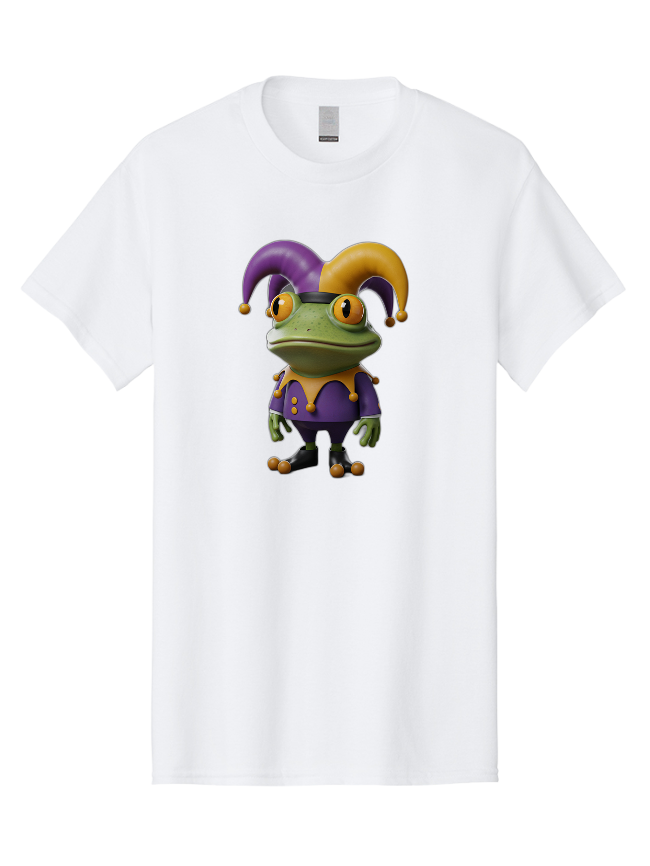 Jester-Frog Men'S Graphic Tee, 100% Cotton, Comfortable Casual Summer Wear, Machine Washable, Frog Character, Cartoon Style, Jester Costume, Purple And Yellow, 3D Rendering, Fantasy Creature, Comedic Design, Jester Hat, Froggy Illustration Bac078