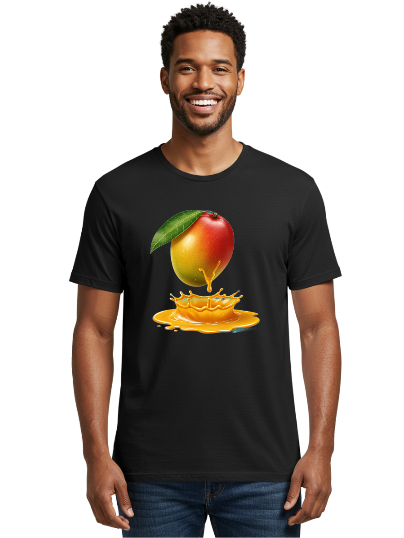 Juicy-Mango Men'S Graphic Tee, 100% Cotton, Comfortable Casual Summer Wear, Machine Washable, Juicy Mango, Mango Juice Splash, Fresh Fruit, Vibrant Colors, Ripe Mango, Mango Pulp, Splash Effect, Sweet And Tangy Bac079