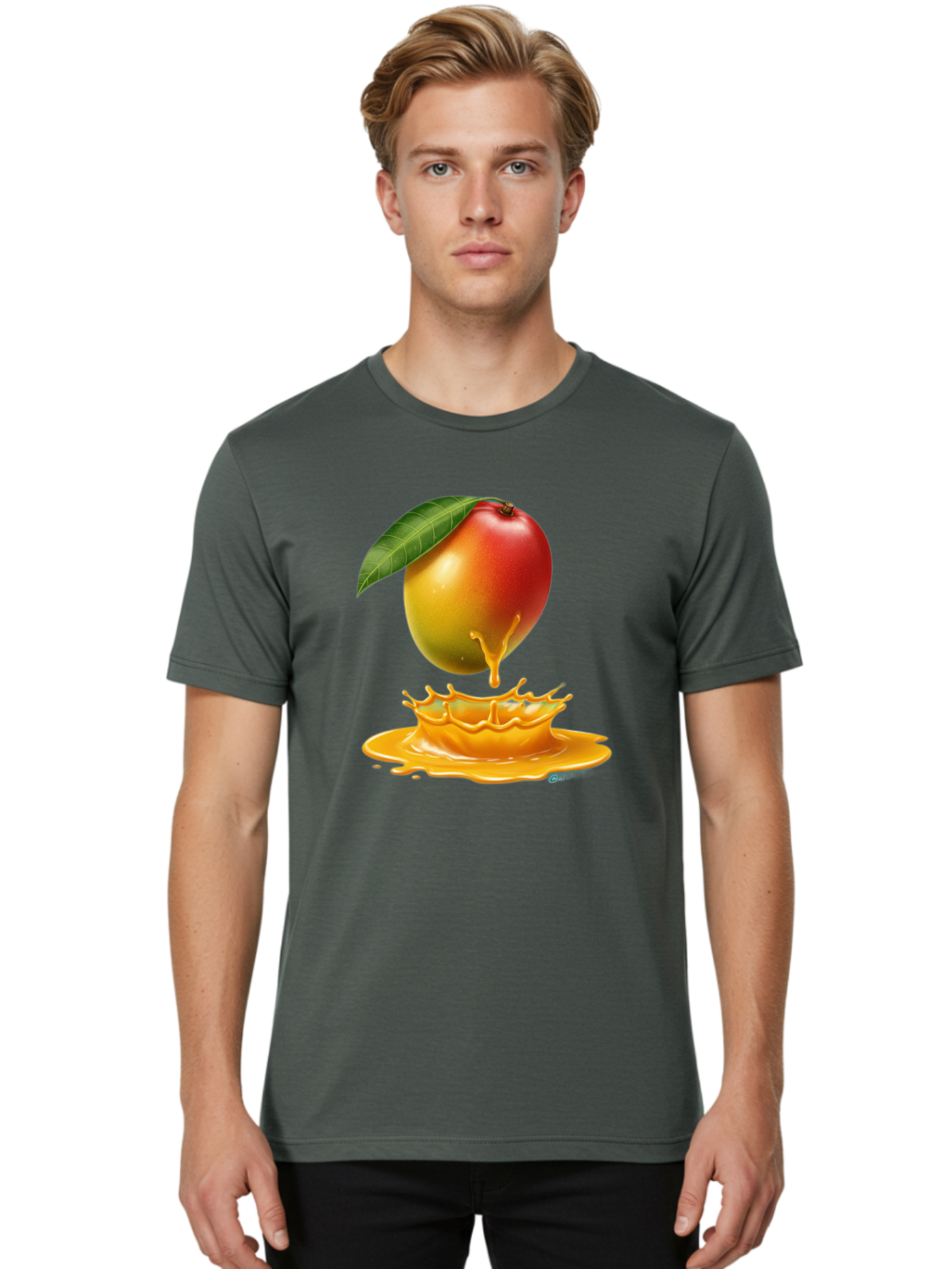 Juicy-Mango Men'S Graphic Tee, 100% Cotton, Comfortable Casual Summer Wear, Machine Washable, Juicy Mango, Mango Juice Splash, Fresh Fruit, Vibrant Colors, Ripe Mango, Mango Pulp, Splash Effect, Sweet And Tangy Bac079