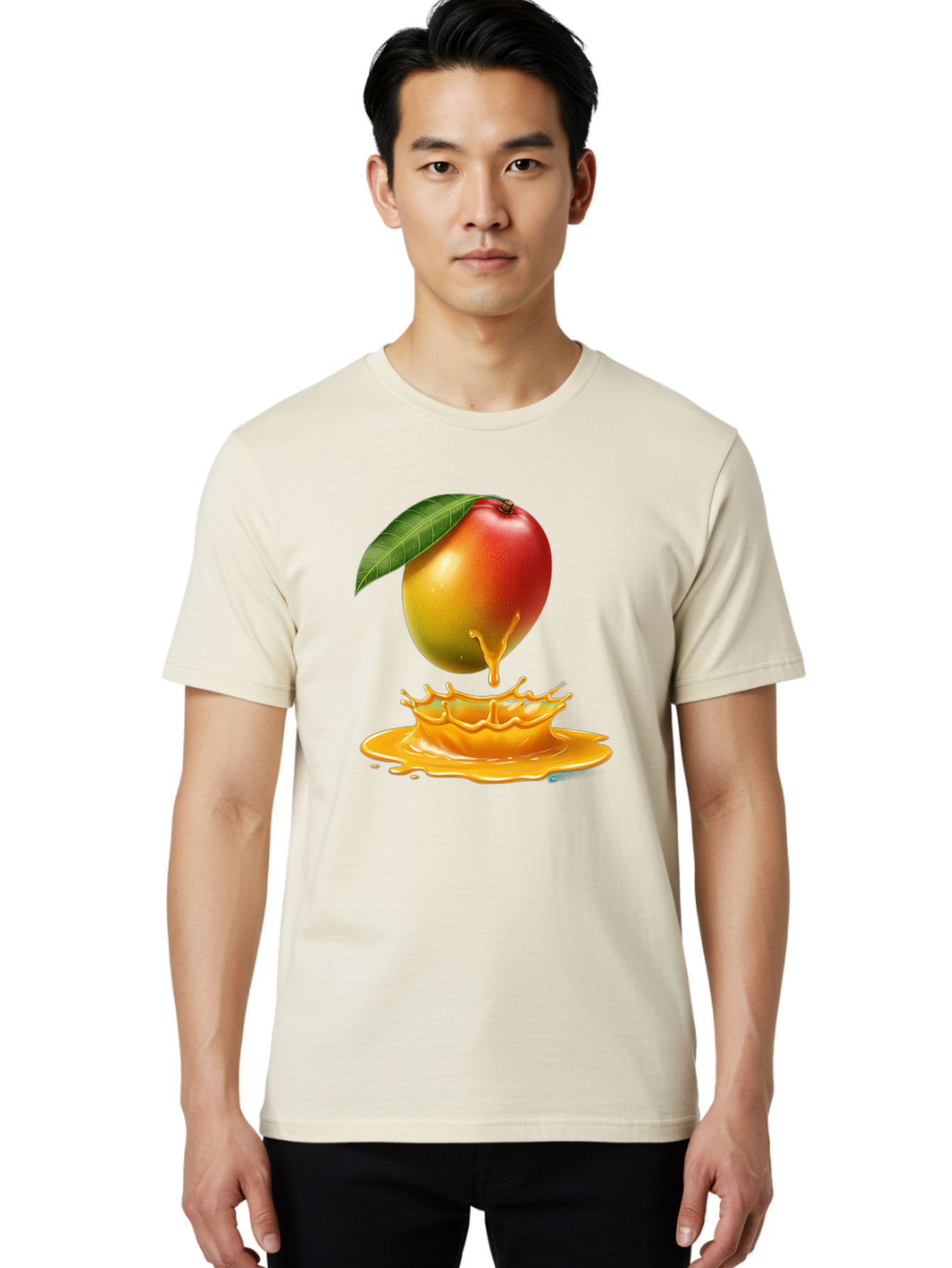 Juicy-Mango Men'S Graphic Tee, 100% Cotton, Comfortable Casual Summer Wear, Machine Washable, Juicy Mango, Mango Juice Splash, Fresh Fruit, Vibrant Colors, Ripe Mango, Mango Pulp, Splash Effect, Sweet And Tangy Bac079
