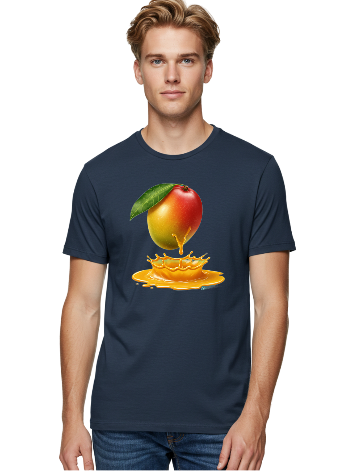 Juicy-Mango Men'S Graphic Tee, 100% Cotton, Comfortable Casual Summer Wear, Machine Washable, Juicy Mango, Mango Juice Splash, Fresh Fruit, Vibrant Colors, Ripe Mango, Mango Pulp, Splash Effect, Sweet And Tangy Bac079