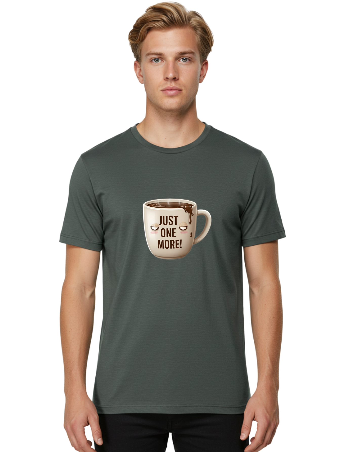 Just-One-More-1 Men'S Graphic Tee, 100% Cotton, Comfortable Casual Summer Wear, Machine Washable, Coffee Mug, Hot Chocolate, Morning Coffee, Funny Quote, Cute Design, Coffee Lover, Humorous Phrase, Adorable Character Bac080