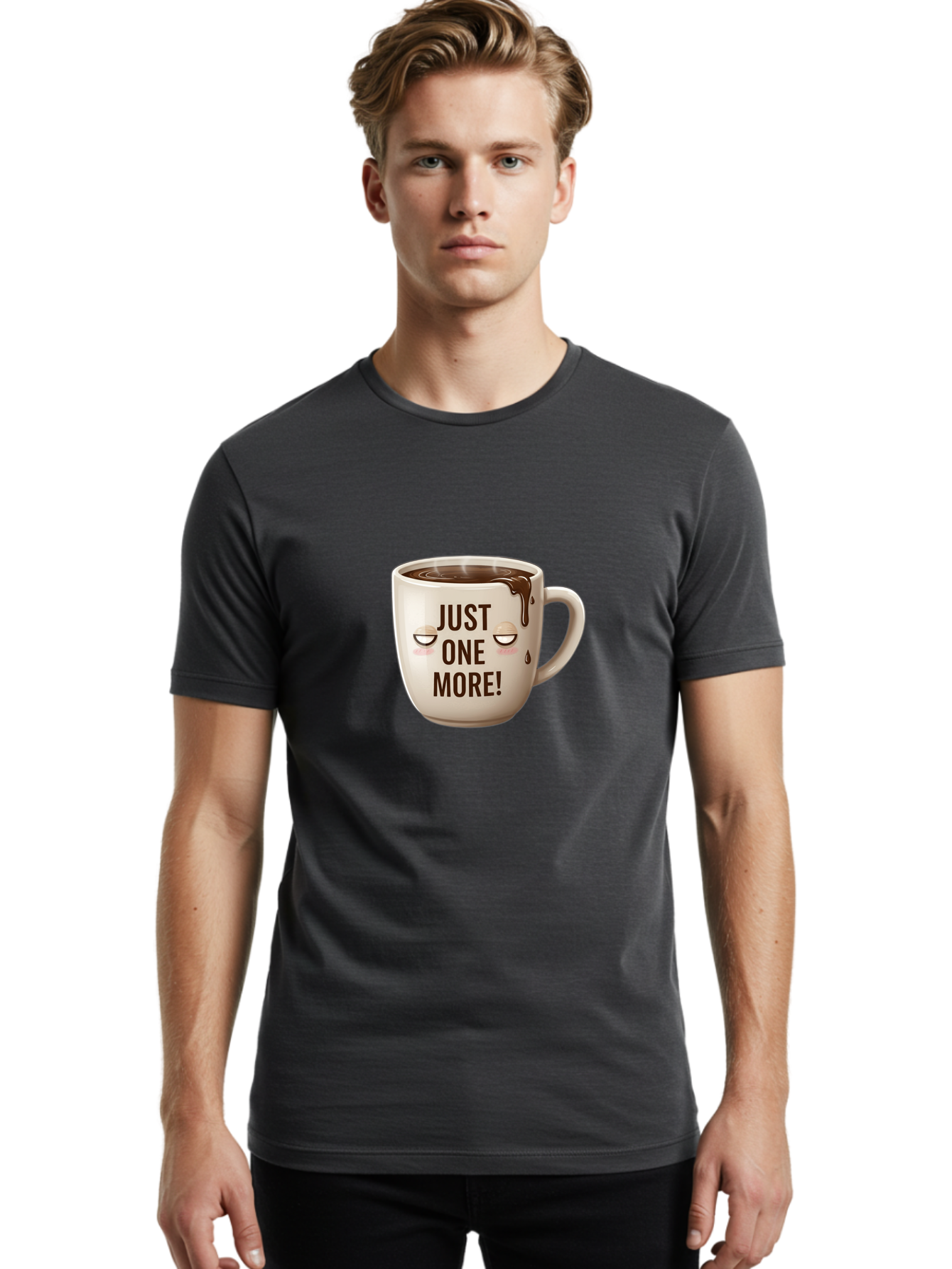 Just-One-More-1 Men'S Graphic Tee, 100% Cotton, Comfortable Casual Summer Wear, Machine Washable, Coffee Mug, Hot Chocolate, Morning Coffee, Funny Quote, Cute Design, Coffee Lover, Humorous Phrase, Adorable Character Bac080