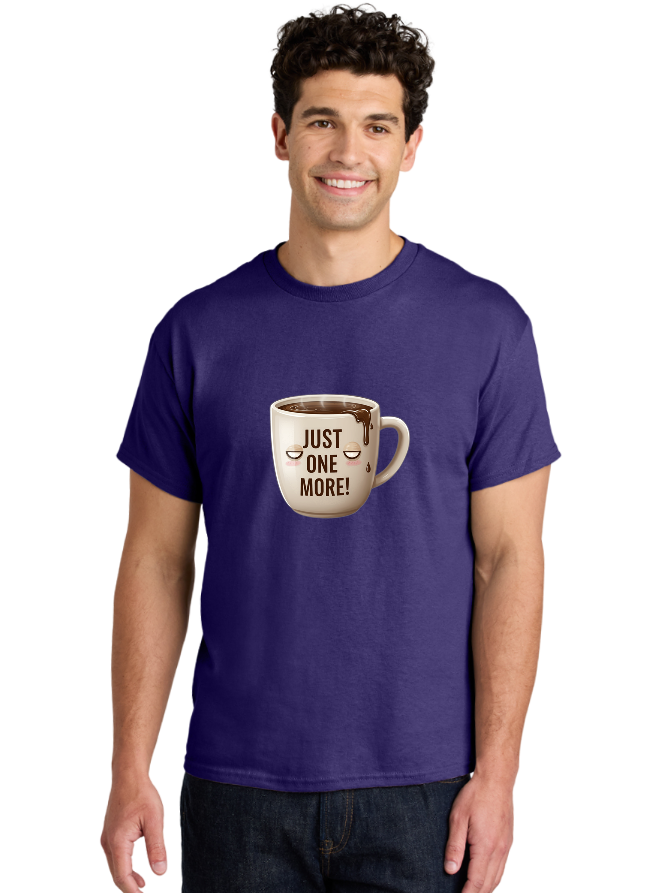 Just-One-More-1 Men'S Graphic Tee, 100% Cotton, Comfortable Casual Summer Wear, Machine Washable, Coffee Mug, Hot Chocolate, Morning Coffee, Funny Quote, Cute Design, Coffee Lover, Humorous Phrase, Adorable Character Bac080