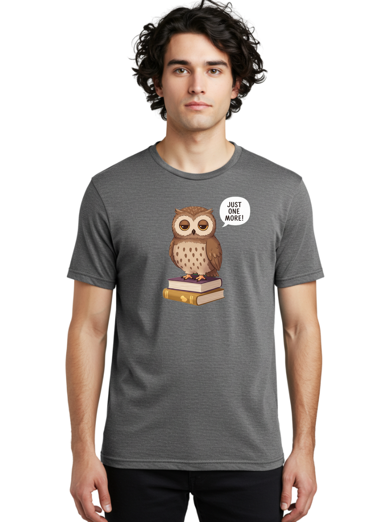 Just-One-More-3 Men'S Graphic Tee, 100% Cotton, Comfortable Casual Summer Wear, Machine Washable, Owl On Books, Reading Owl, Book Lover, Just One More, Cartoon Owl, Humorous Illustration, Reading Addiction, Brown Owl, Book Stack, Adorable Owl Bac082