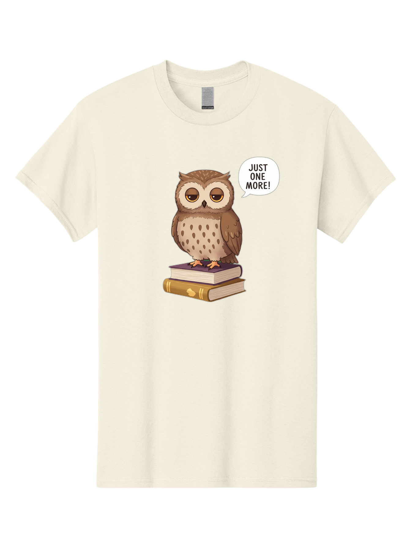 Just-One-More-3 Men'S Graphic Tee, 100% Cotton, Comfortable Casual Summer Wear, Machine Washable, Owl On Books, Reading Owl, Book Lover, Just One More, Cartoon Owl, Humorous Illustration, Reading Addiction, Brown Owl, Book Stack, Adorable Owl Bac082