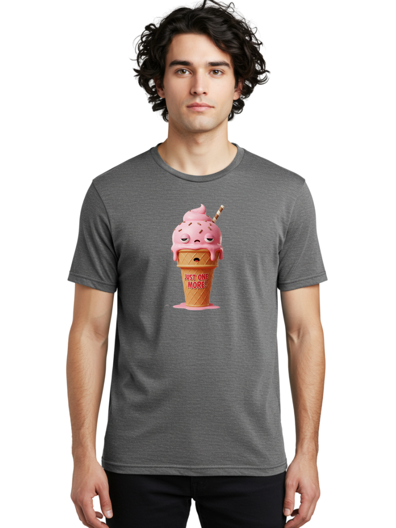 Just-One-More-4 Men'S Graphic Tee, 100% Cotton, Comfortable Casual Summer Wear, Machine Washable, Ice Cream Cone, Pink Ice Cream, Melting Ice Cream, Cartoon Character, Playful Design, Sweet Treats, Just One More, Fun And Quirky, Bac083