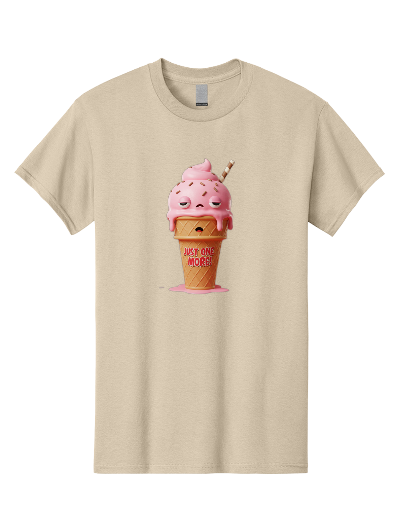 Just-One-More-4 Men'S Graphic Tee, 100% Cotton, Comfortable Casual Summer Wear, Machine Washable, Ice Cream Cone, Pink Ice Cream, Melting Ice Cream, Cartoon Character, Playful Design, Sweet Treats, Just One More, Fun And Quirky, Bac083
