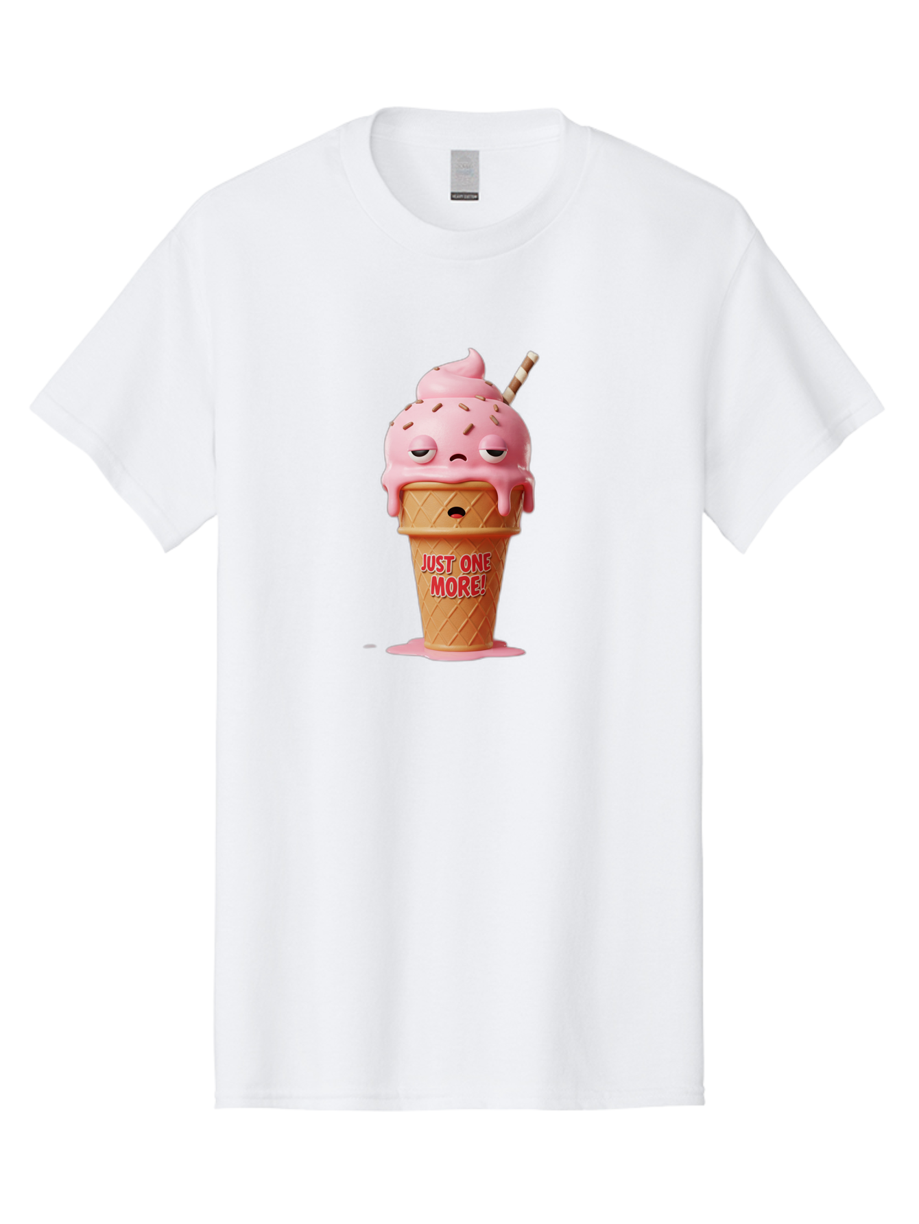 Just-One-More-4 Men'S Graphic Tee, 100% Cotton, Comfortable Casual Summer Wear, Machine Washable, Ice Cream Cone, Pink Ice Cream, Melting Ice Cream, Cartoon Character, Playful Design, Sweet Treats, Just One More, Fun And Quirky, Bac083