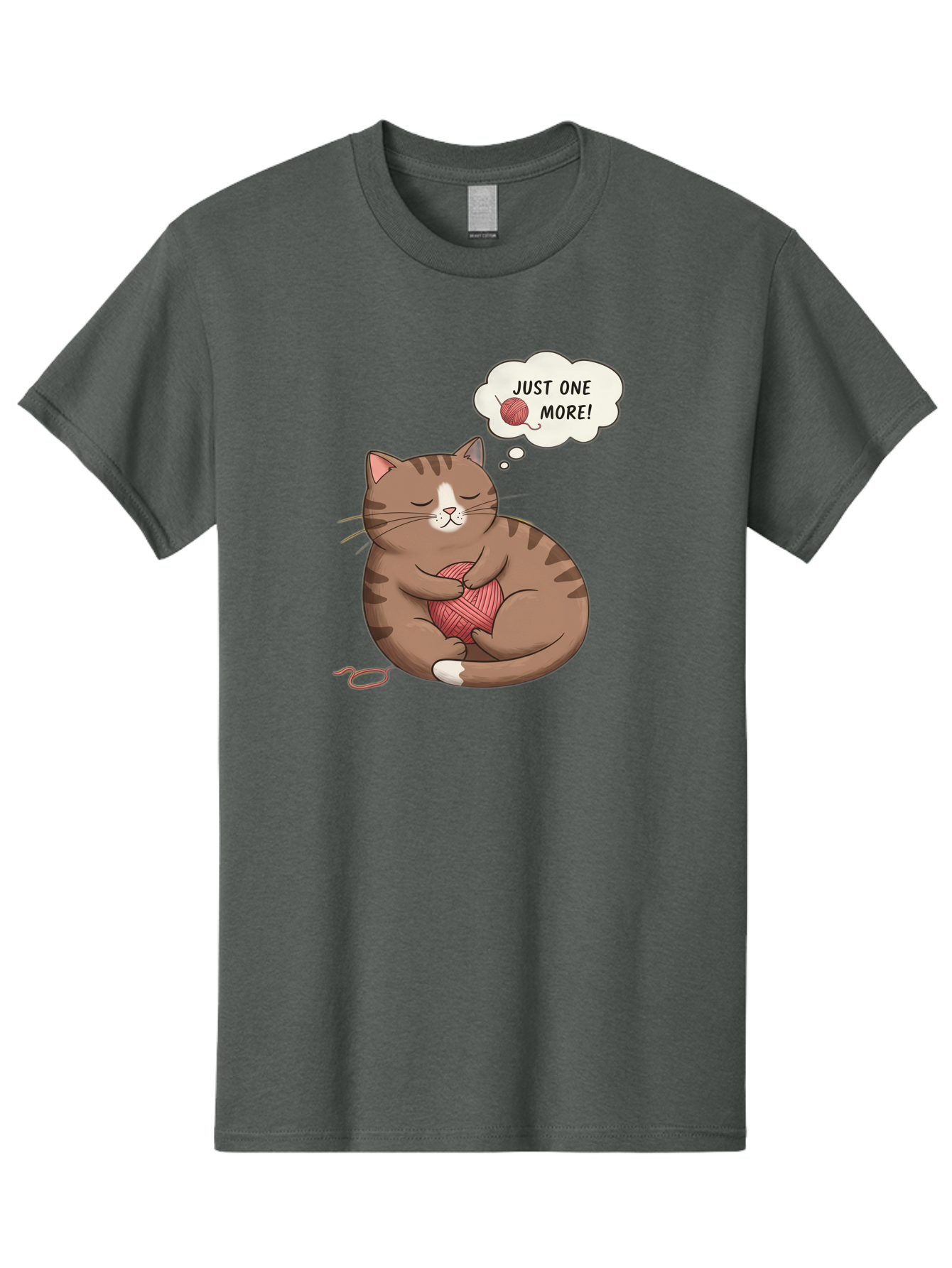 Just-One-More Men'S Graphic Tee, 100% Cotton, Comfortable Casual Summer Wear, Machine Washable, Cat Hugging Yarn Ball, Cartoon Cat, Cute Animal, Funny Meme, Knitting Humor, Adorable Feline, Playful Kitty, Cat Love, Yarn Obsession, Bac084
