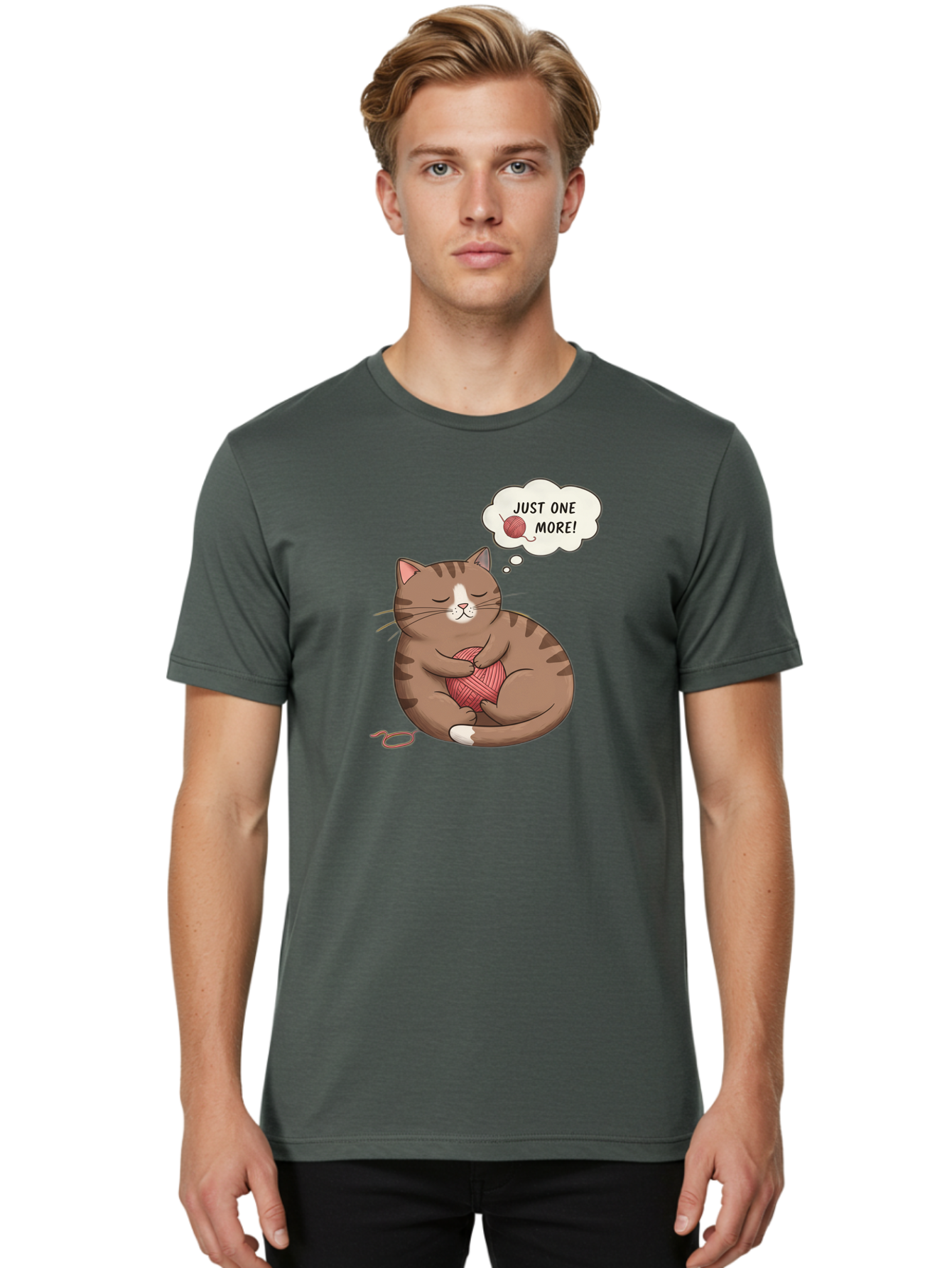 Just-One-More Men'S Graphic Tee, 100% Cotton, Comfortable Casual Summer Wear, Machine Washable, Cat Hugging Yarn Ball, Cartoon Cat, Cute Animal, Funny Meme, Knitting Humor, Adorable Feline, Playful Kitty, Cat Love, Yarn Obsession, Bac084