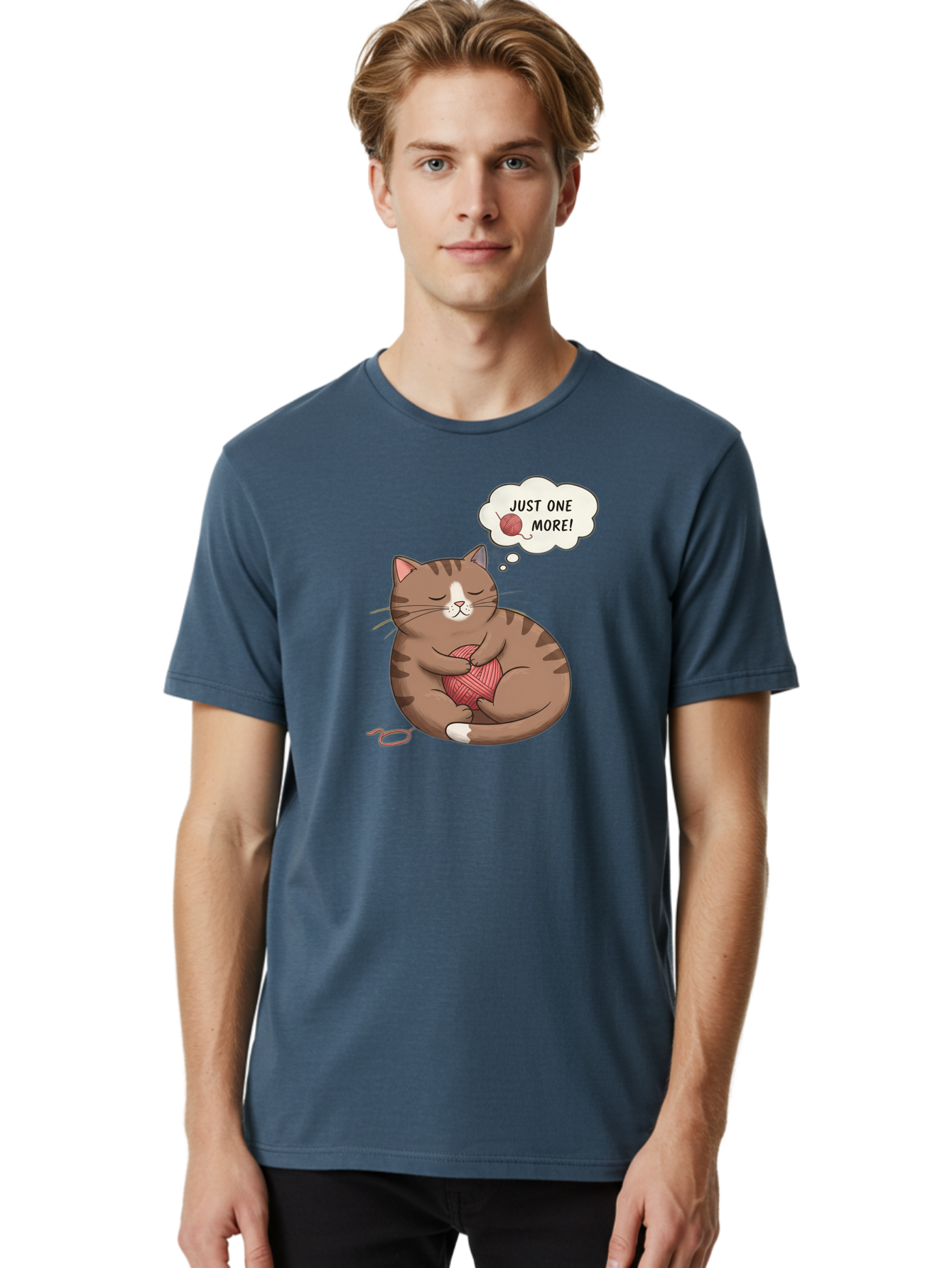 Just-One-More Men'S Graphic Tee, 100% Cotton, Comfortable Casual Summer Wear, Machine Washable, Cat Hugging Yarn Ball, Cartoon Cat, Cute Animal, Funny Meme, Knitting Humor, Adorable Feline, Playful Kitty, Cat Love, Yarn Obsession, Bac084