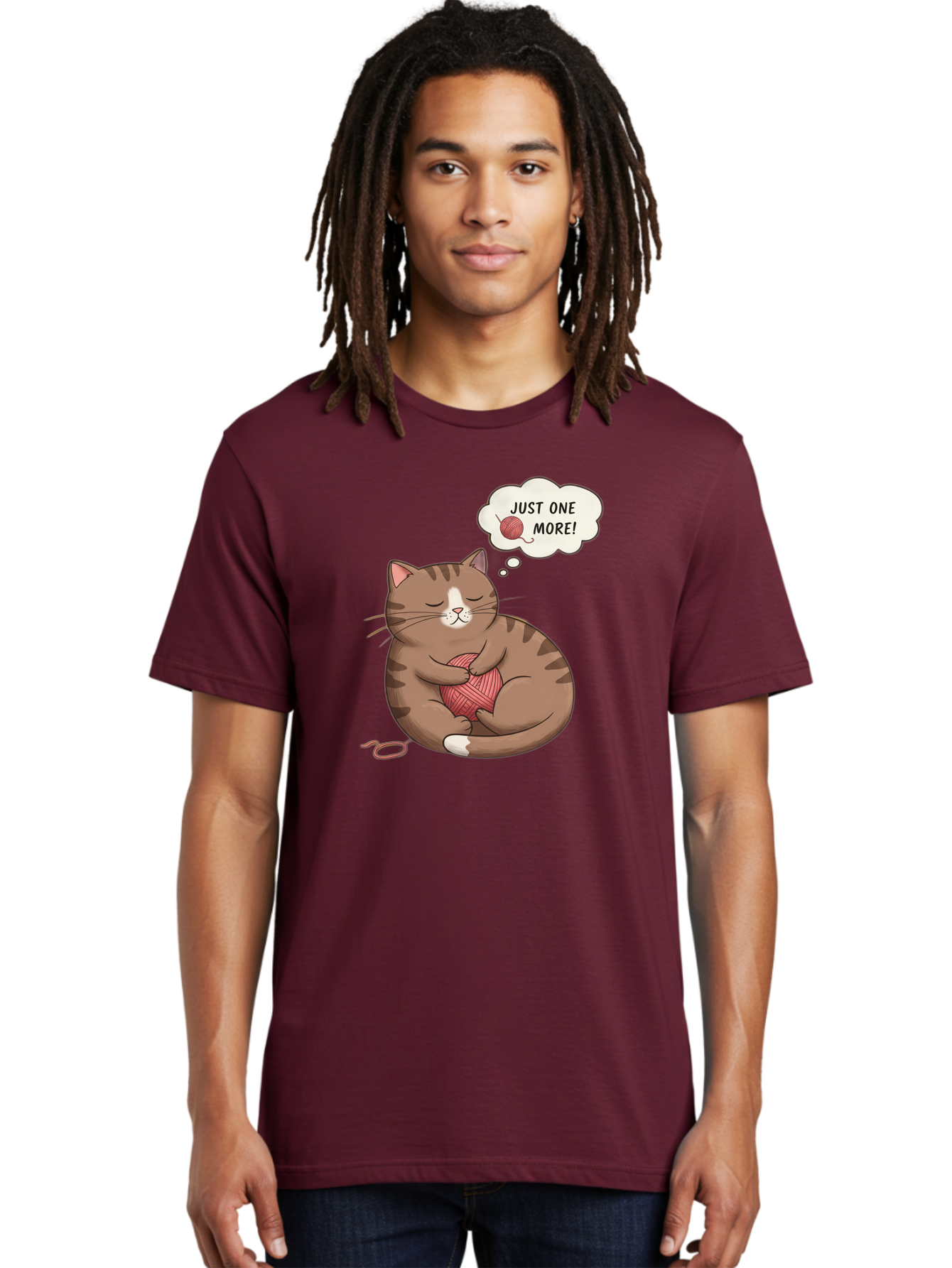Just-One-More Men'S Graphic Tee, 100% Cotton, Comfortable Casual Summer Wear, Machine Washable, Cat Hugging Yarn Ball, Cartoon Cat, Cute Animal, Funny Meme, Knitting Humor, Adorable Feline, Playful Kitty, Cat Love, Yarn Obsession, Bac084