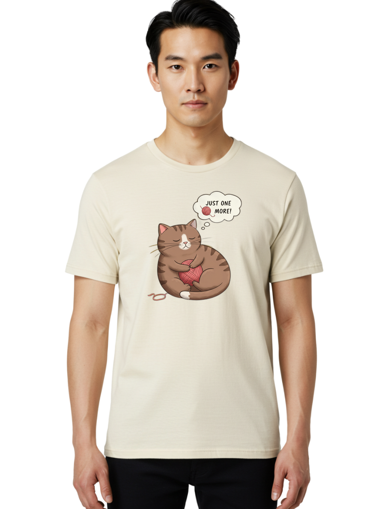 Just-One-More Men'S Graphic Tee, 100% Cotton, Comfortable Casual Summer Wear, Machine Washable, Cat Hugging Yarn Ball, Cartoon Cat, Cute Animal, Funny Meme, Knitting Humor, Adorable Feline, Playful Kitty, Cat Love, Yarn Obsession, Bac084