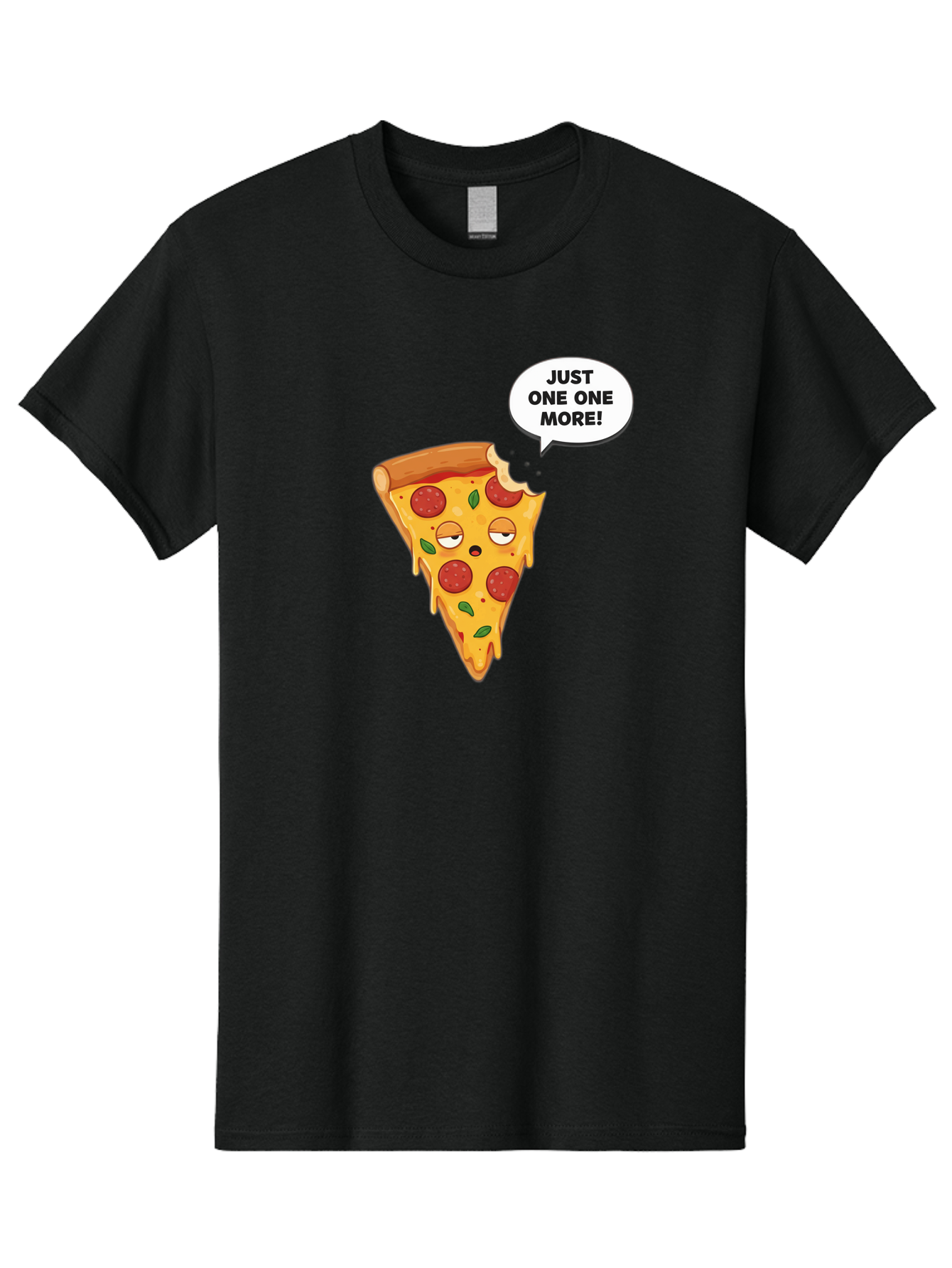 Just-One-One-More Men'S Graphic Tee, 100% Cotton, Comfortable Casual Summer Wear, Machine Washable, Cartoon Pizza Slice, Winking Face, Speech Bubble, Just One More, Pepperoni Pizza, Tempting Food, Cheesy Goodness, Indulgent Treat, Bac085