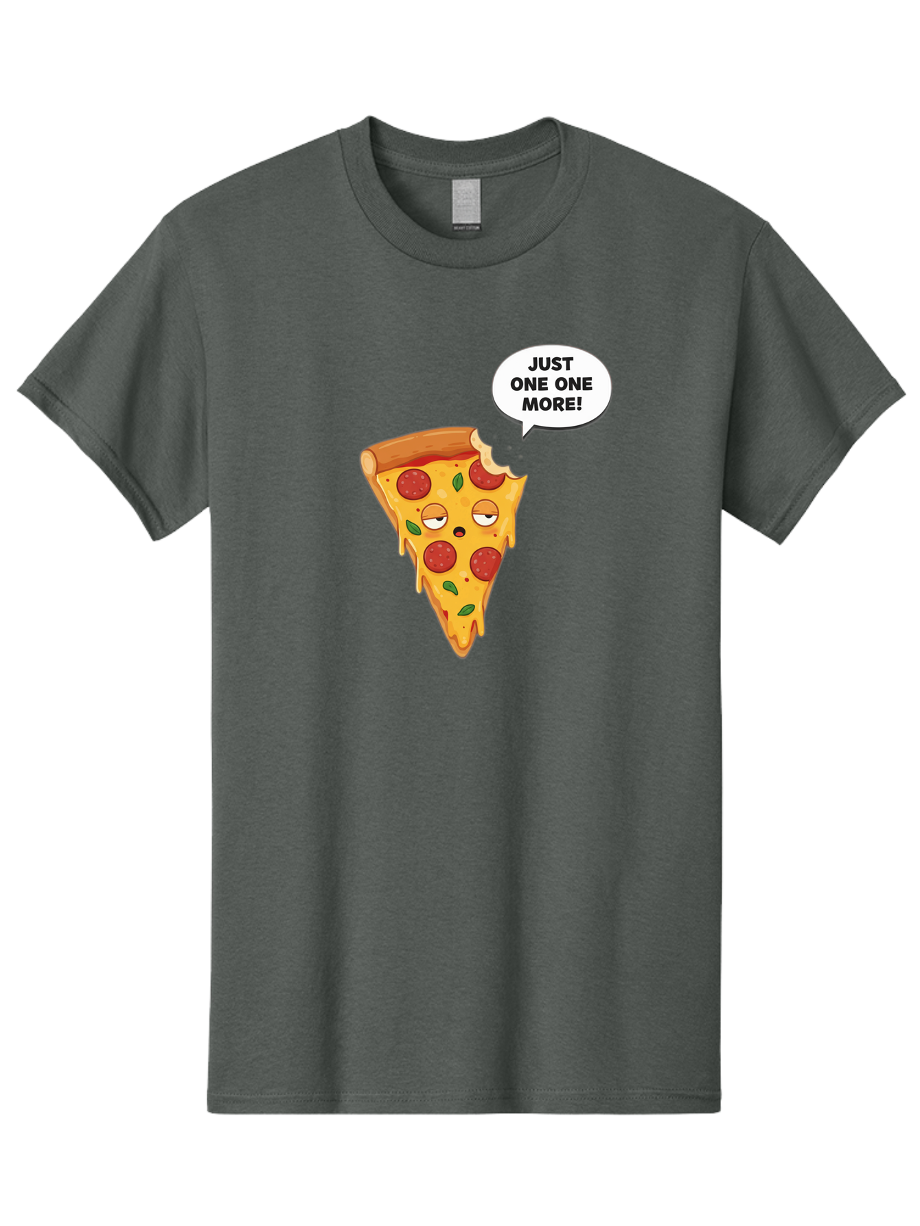 Just-One-One-More Men'S Graphic Tee, 100% Cotton, Comfortable Casual Summer Wear, Machine Washable, Cartoon Pizza Slice, Winking Face, Speech Bubble, Just One More, Pepperoni Pizza, Tempting Food, Cheesy Goodness, Indulgent Treat, Bac085