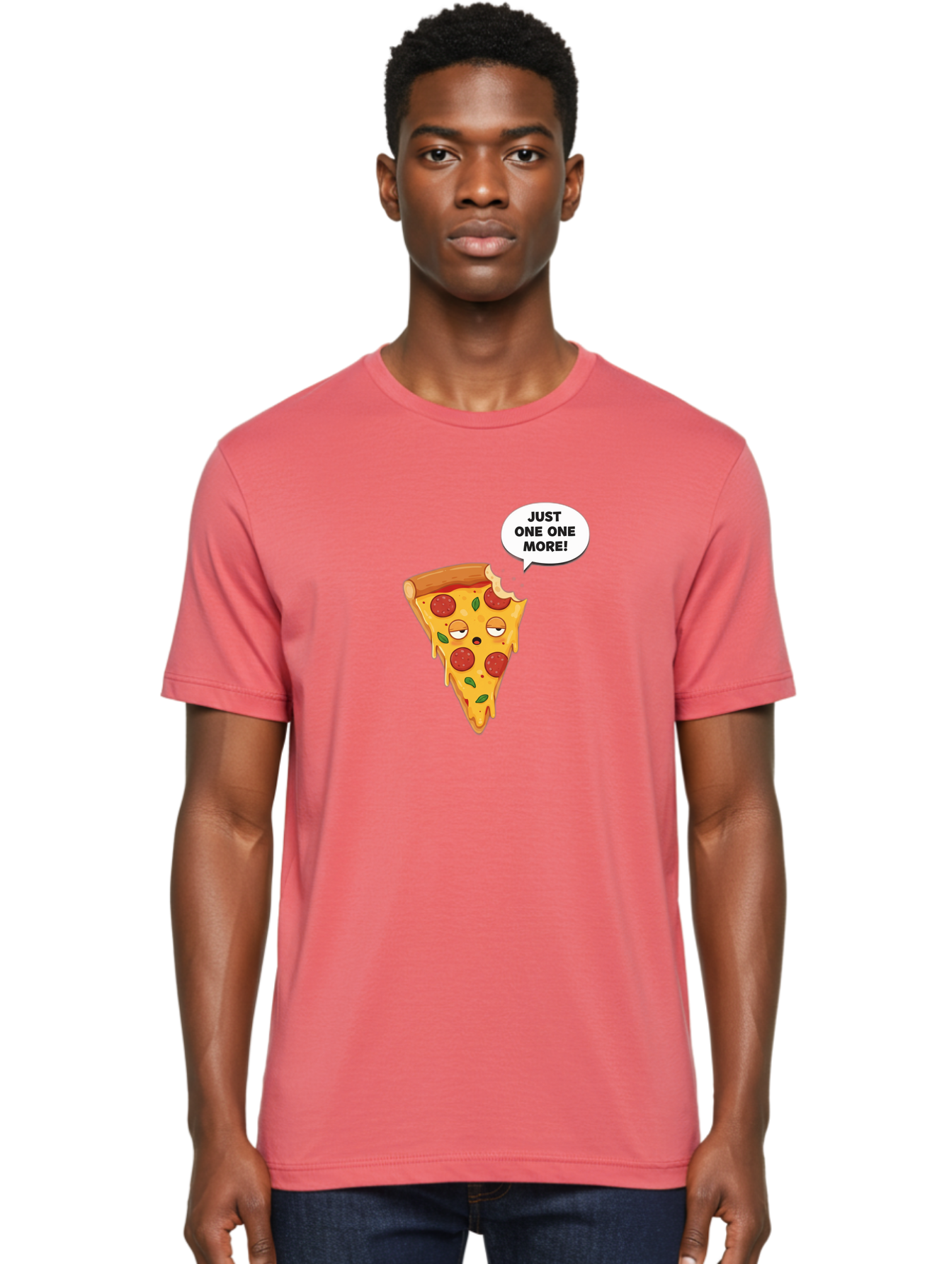 Just-One-One-More Men'S Graphic Tee, 100% Cotton, Comfortable Casual Summer Wear, Machine Washable, Cartoon Pizza Slice, Winking Face, Speech Bubble, Just One More, Pepperoni Pizza, Tempting Food, Cheesy Goodness, Indulgent Treat, Bac085