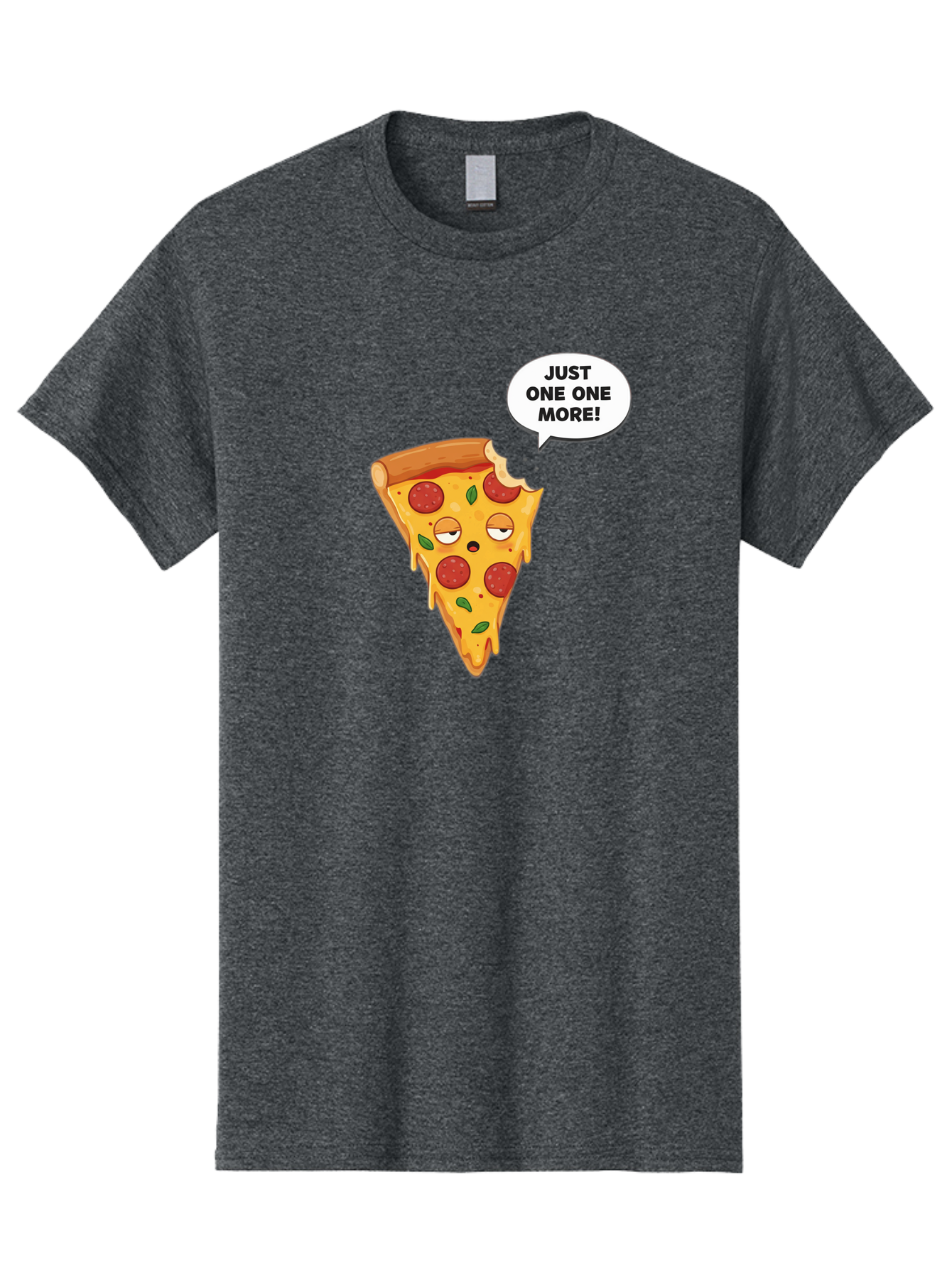 Just-One-One-More Men'S Graphic Tee, 100% Cotton, Comfortable Casual Summer Wear, Machine Washable, Cartoon Pizza Slice, Winking Face, Speech Bubble, Just One More, Pepperoni Pizza, Tempting Food, Cheesy Goodness, Indulgent Treat, Bac085