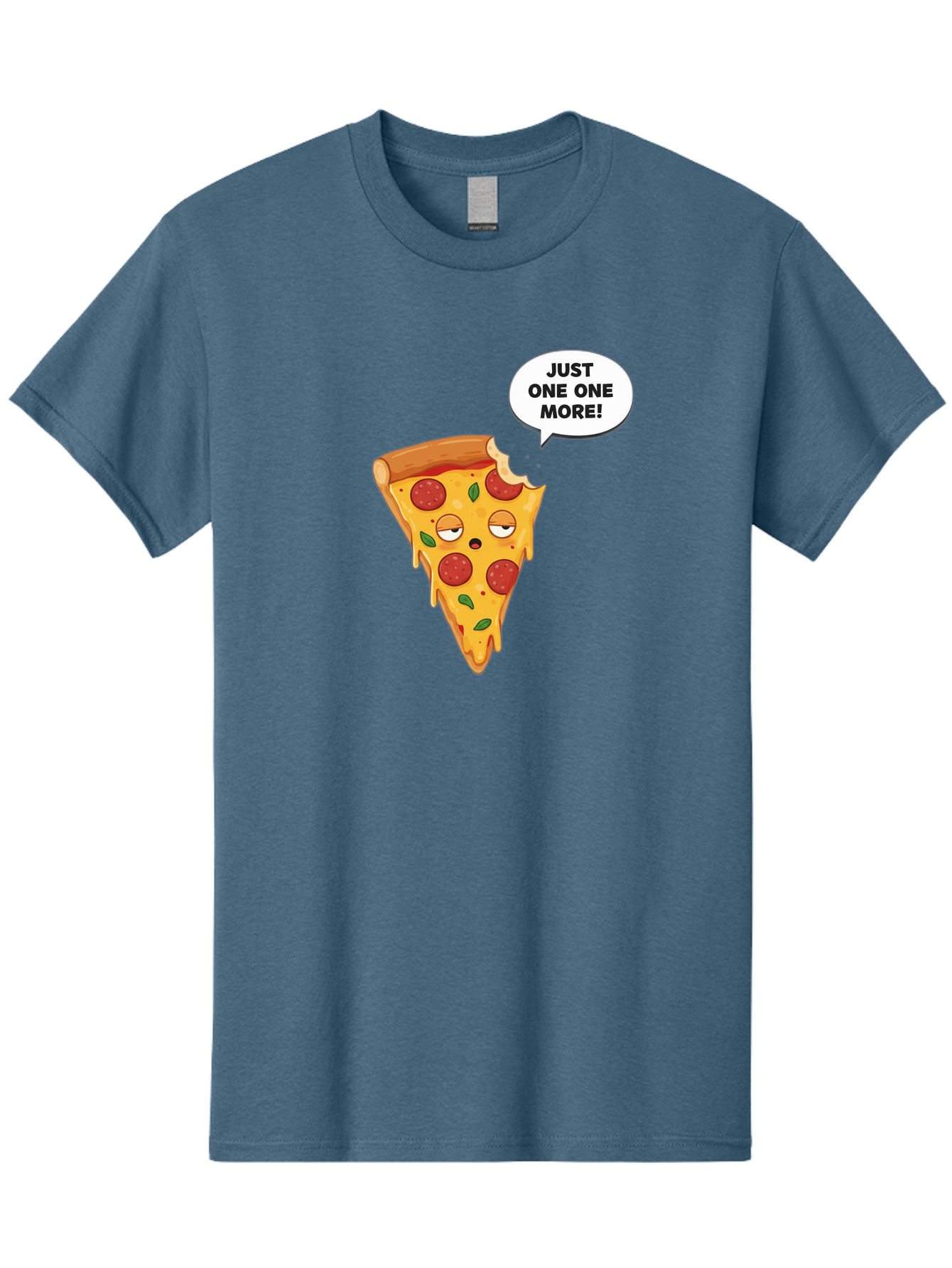 Just-One-One-More Men'S Graphic Tee, 100% Cotton, Comfortable Casual Summer Wear, Machine Washable, Cartoon Pizza Slice, Winking Face, Speech Bubble, Just One More, Pepperoni Pizza, Tempting Food, Cheesy Goodness, Indulgent Treat, Bac085