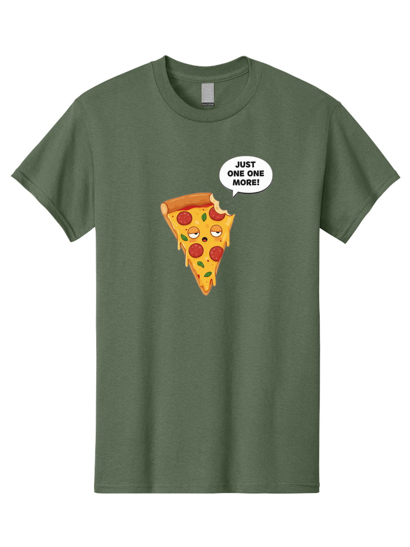 Just-One-One-More Men'S Graphic Tee, 100% Cotton, Comfortable Casual Summer Wear, Machine Washable, Cartoon Pizza Slice, Winking Face, Speech Bubble, Just One More, Pepperoni Pizza, Tempting Food, Cheesy Goodness, Indulgent Treat, Bac085