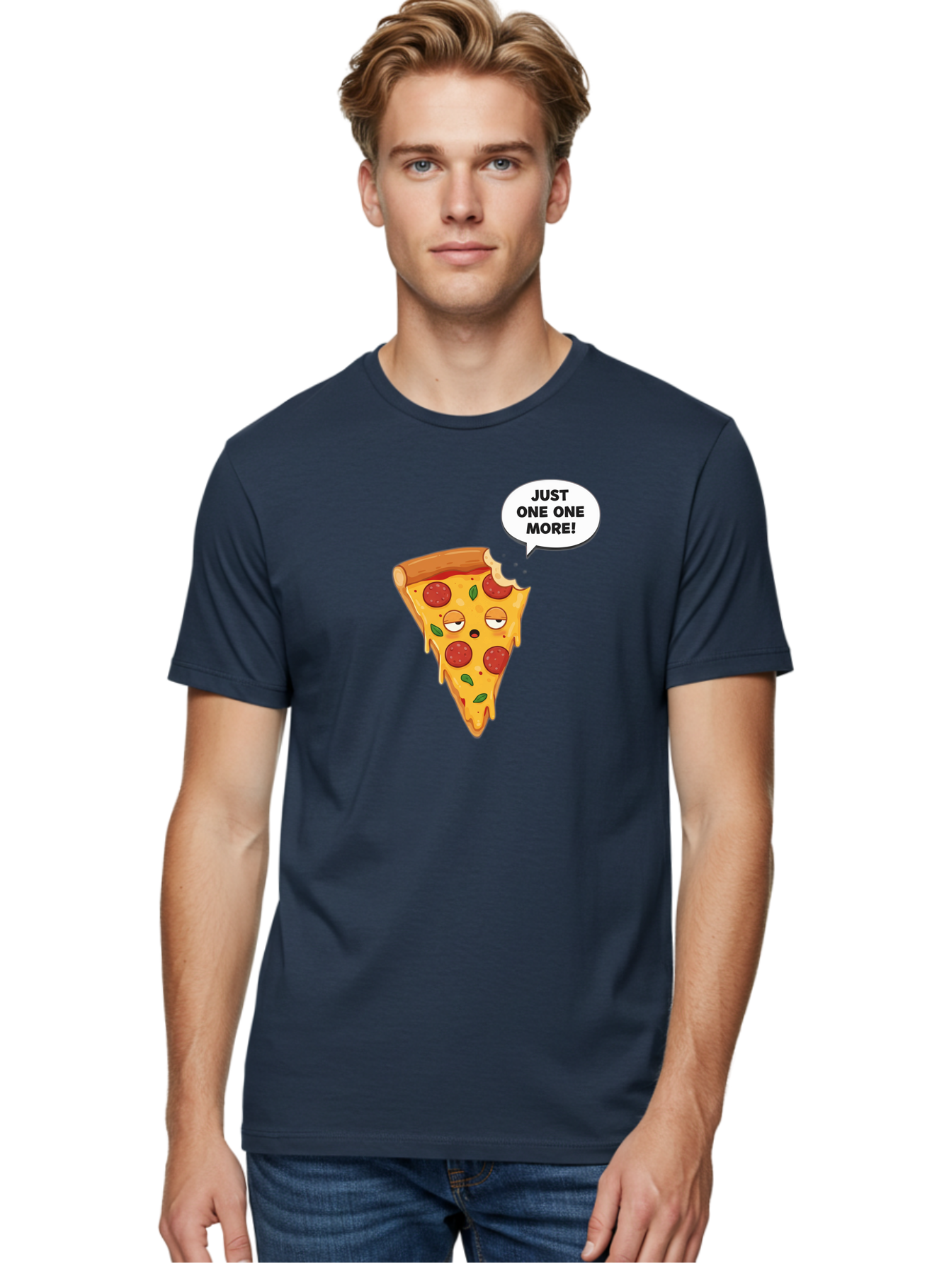 Just-One-One-More Men'S Graphic Tee, 100% Cotton, Comfortable Casual Summer Wear, Machine Washable, Cartoon Pizza Slice, Winking Face, Speech Bubble, Just One More, Pepperoni Pizza, Tempting Food, Cheesy Goodness, Indulgent Treat, Bac085