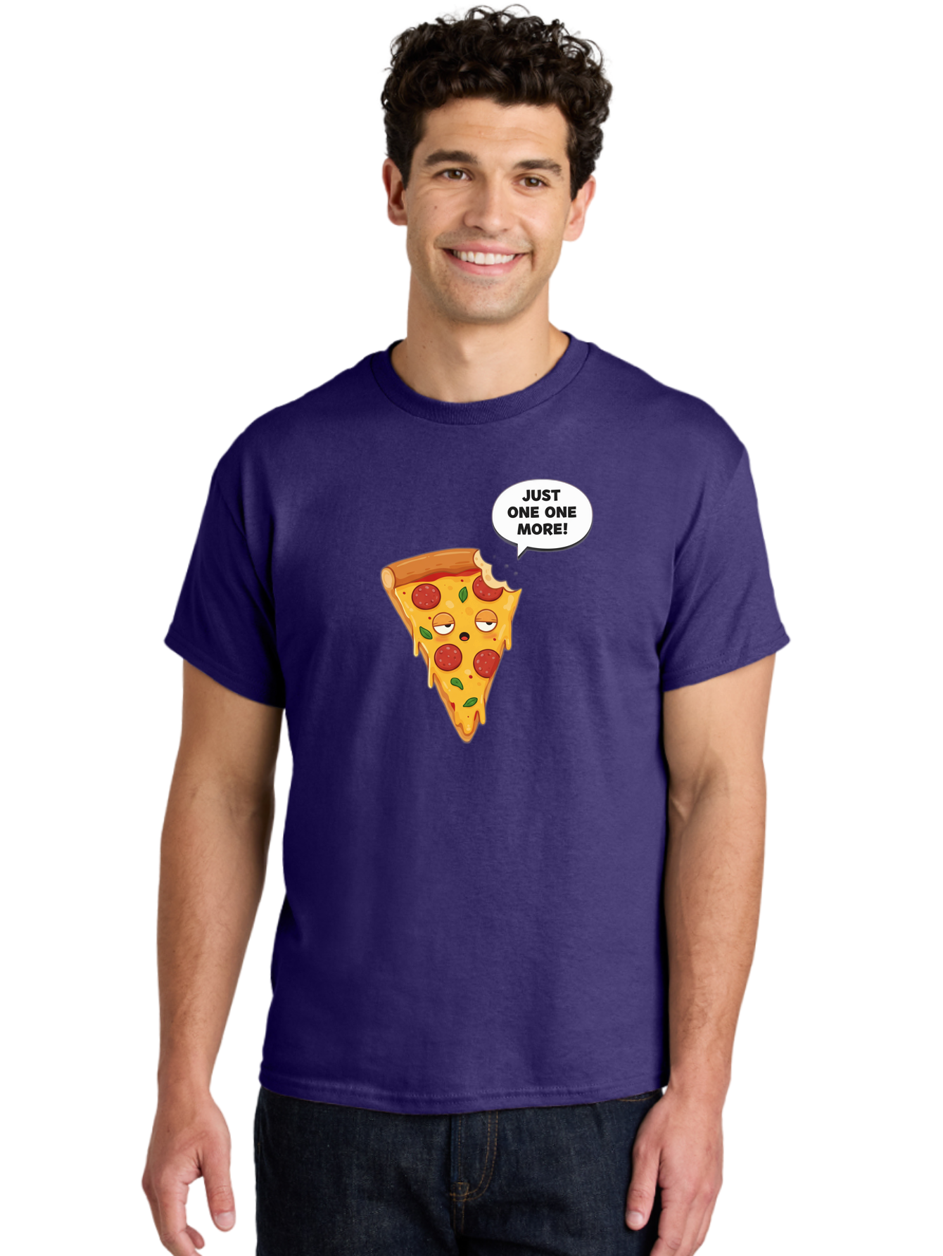 Just-One-One-More Men'S Graphic Tee, 100% Cotton, Comfortable Casual Summer Wear, Machine Washable, Cartoon Pizza Slice, Winking Face, Speech Bubble, Just One More, Pepperoni Pizza, Tempting Food, Cheesy Goodness, Indulgent Treat, Bac085