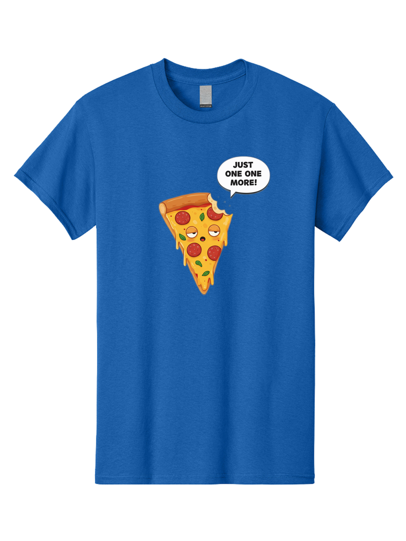 Just-One-One-More Men'S Graphic Tee, 100% Cotton, Comfortable Casual Summer Wear, Machine Washable, Cartoon Pizza Slice, Winking Face, Speech Bubble, Just One More, Pepperoni Pizza, Tempting Food, Cheesy Goodness, Indulgent Treat, Bac085
