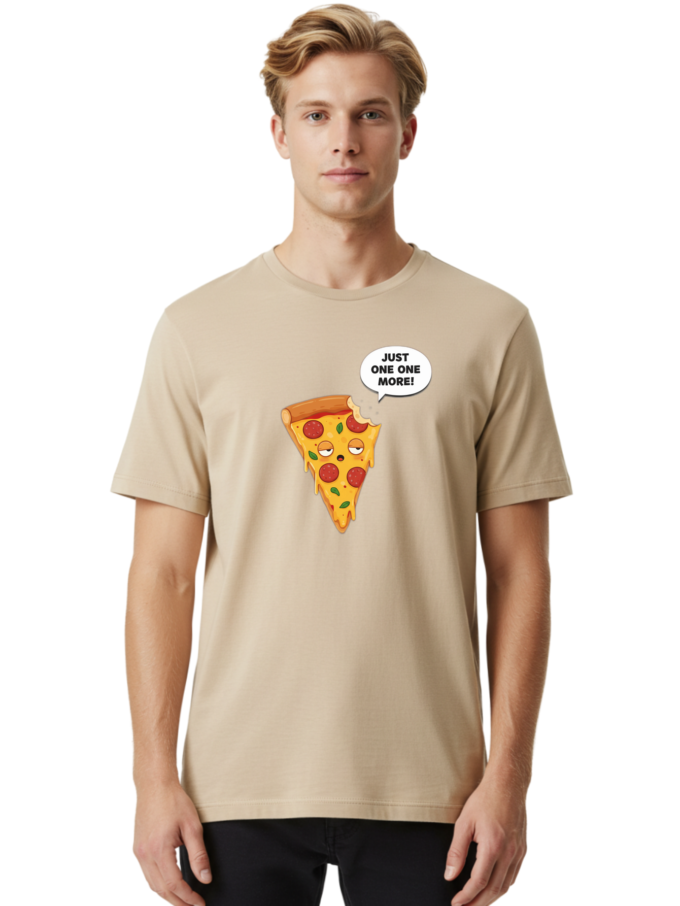 Just-One-One-More Men'S Graphic Tee, 100% Cotton, Comfortable Casual Summer Wear, Machine Washable, Cartoon Pizza Slice, Winking Face, Speech Bubble, Just One More, Pepperoni Pizza, Tempting Food, Cheesy Goodness, Indulgent Treat, Bac085