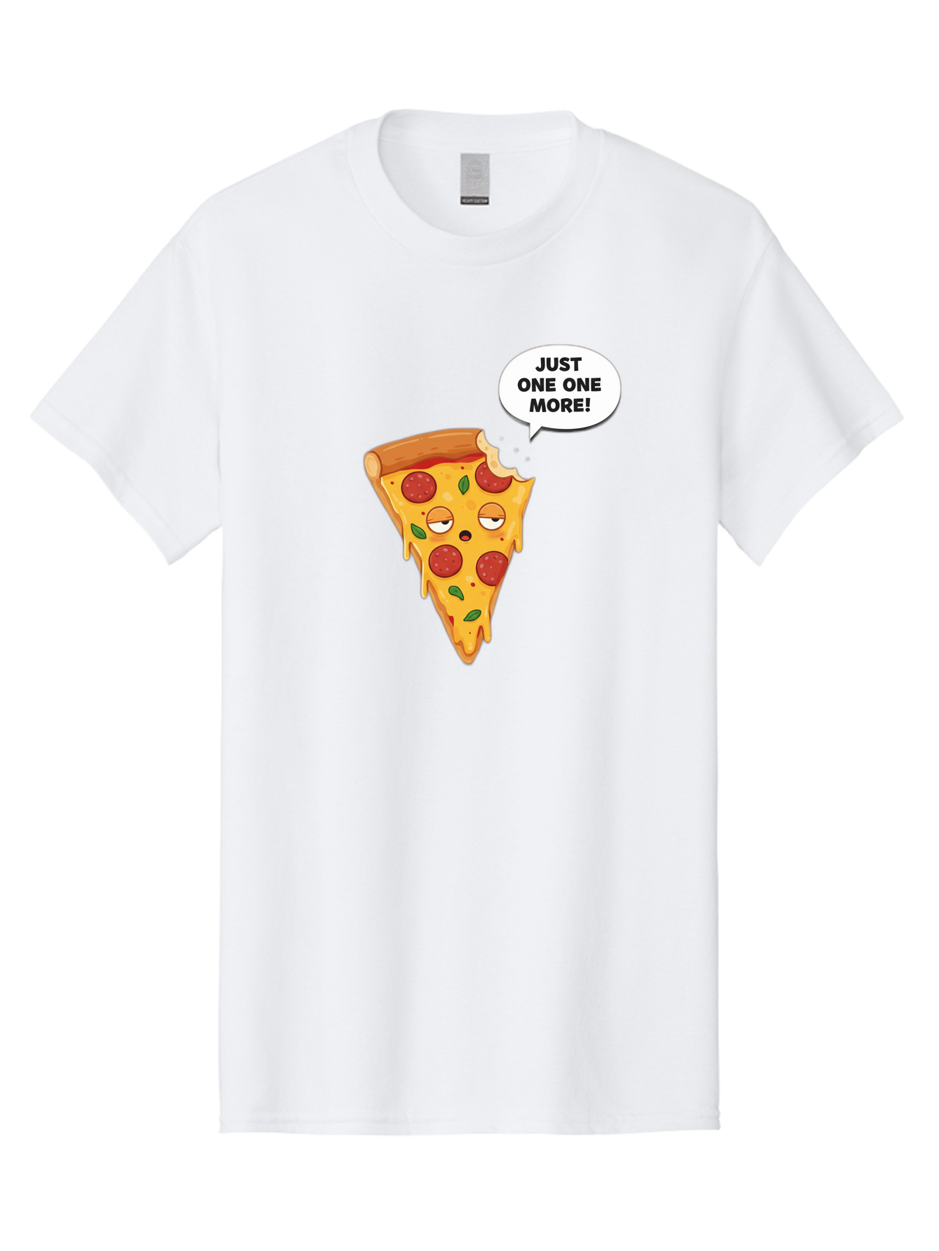 Just-One-One-More Men'S Graphic Tee, 100% Cotton, Comfortable Casual Summer Wear, Machine Washable, Cartoon Pizza Slice, Winking Face, Speech Bubble, Just One More, Pepperoni Pizza, Tempting Food, Cheesy Goodness, Indulgent Treat, Bac085