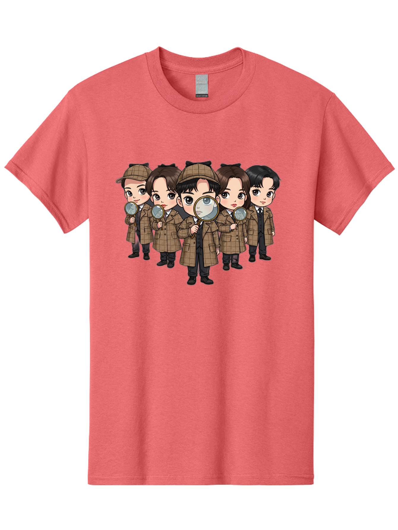 K-Drama-Detectives Men'S Graphic Tee, 100% Cotton, Comfortable Casual Summer Wear, Machine Washable, Cartoon Detectives, Sherlock Holmes, Magnifying Glass, Detective Work, Mystery Solving, Crime Investigation, Detective Hat, Trench Coat, Bac086